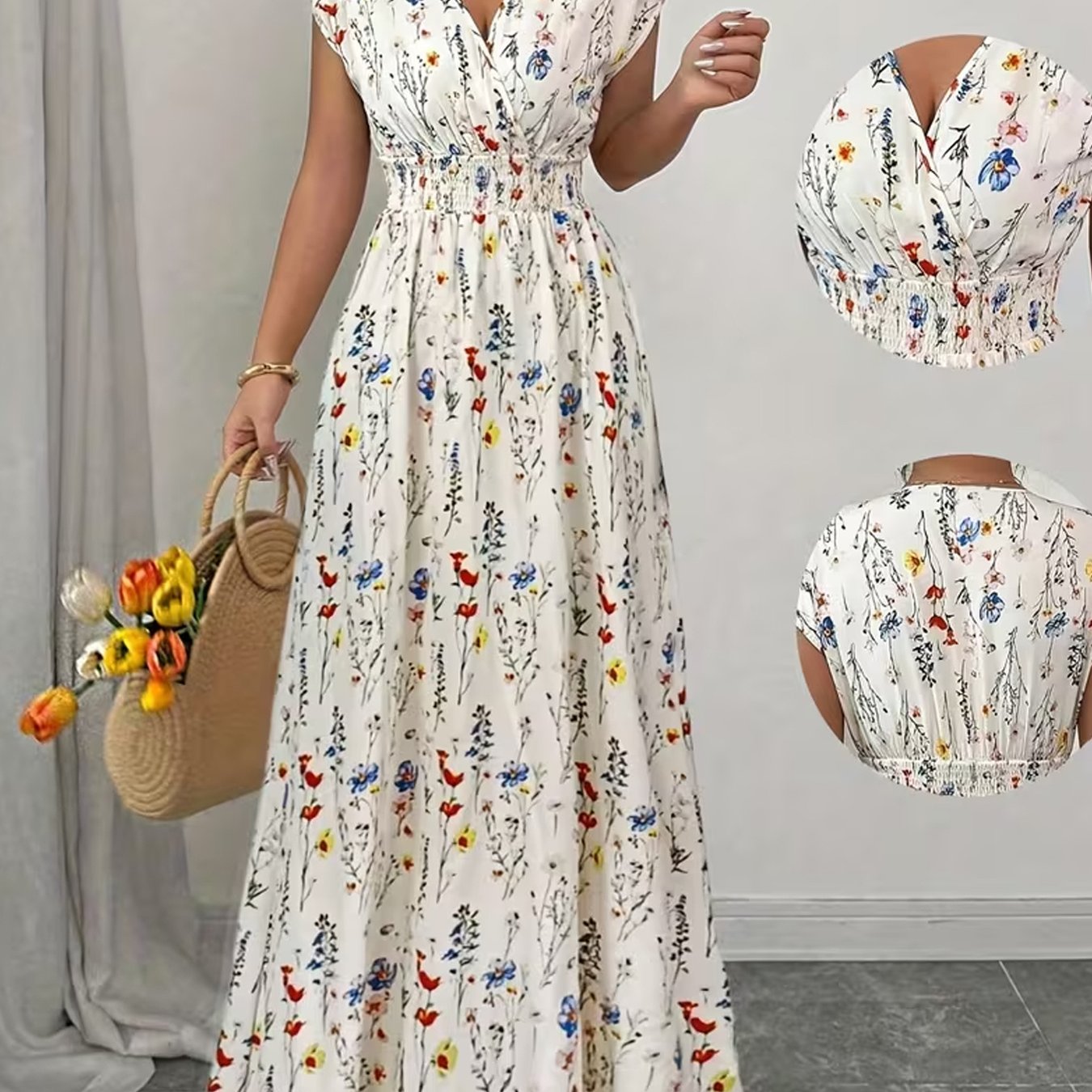 TEMU Plus Size, Plus Size Women's Elegant And Gentle V-neck Waist-cinching Fresh Small Floral Print Comfortable Dress - J1465