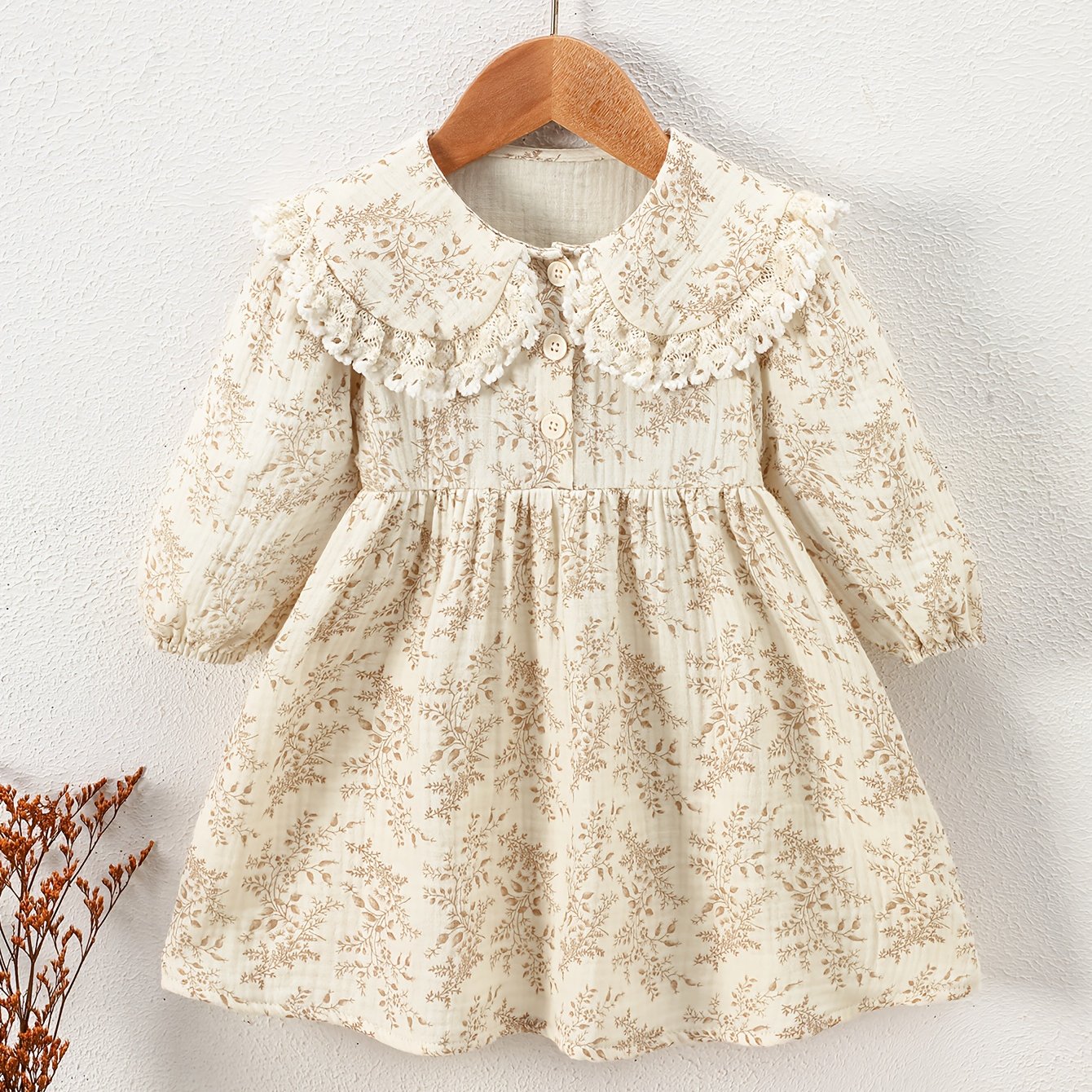 Image of 1pc Spring Autumn Girls' Reversible Pleated Brown Print Dress Cute Country Doll Collar Princess Dress Long Sleeve Lace Plush Collar Comfortable Children's Outing Dress Soft Breathable Comfortable