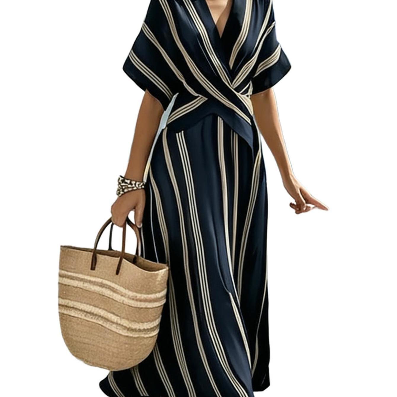 Image of Women's Short Sleeve Dress, V-neck Casual Dress, Loose Vacation Dress