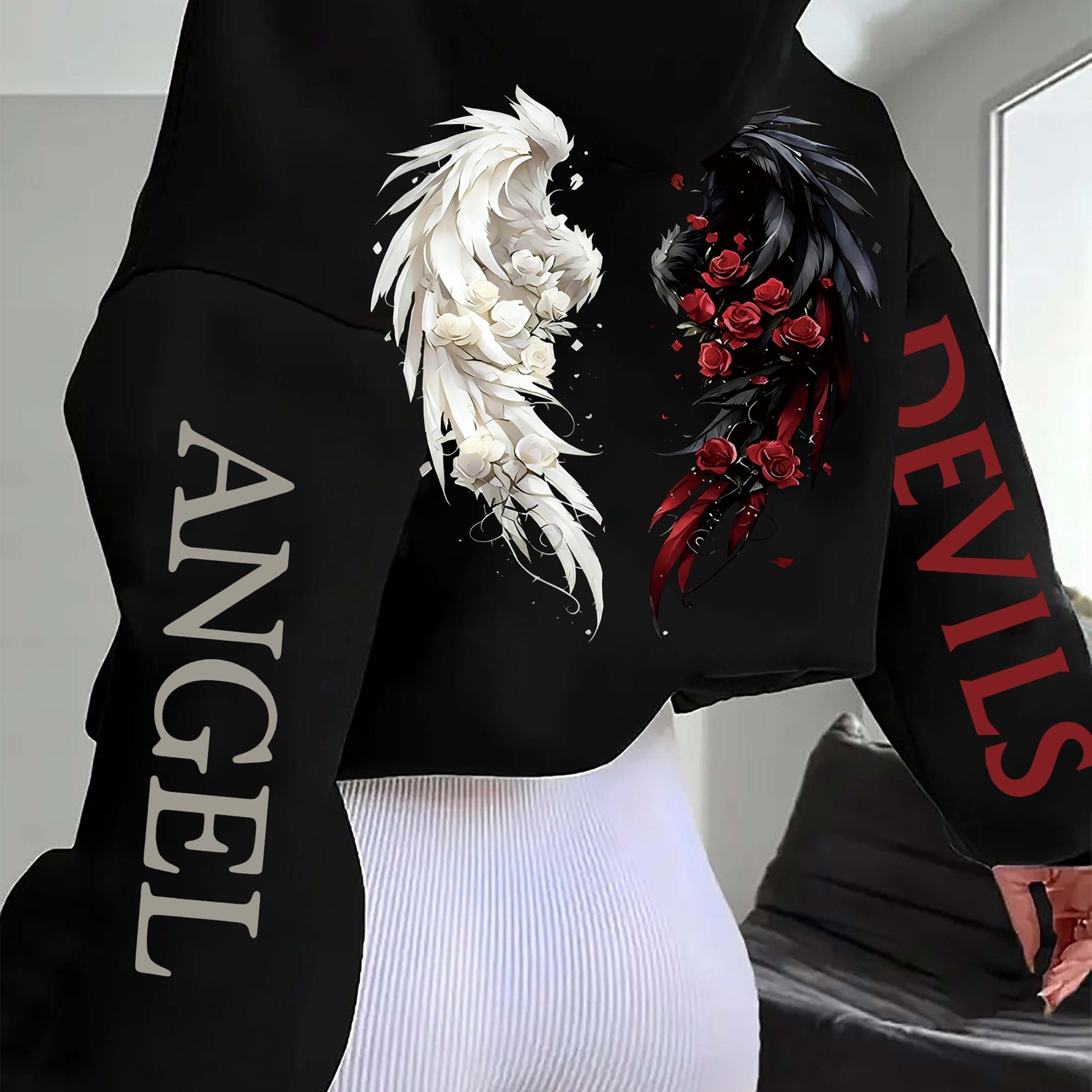 Women's Gothic & Devils Print Hooded Sweatshirt - & Red Contrast Lettering, Long Sleeve Pullover With Drawstring Hood
