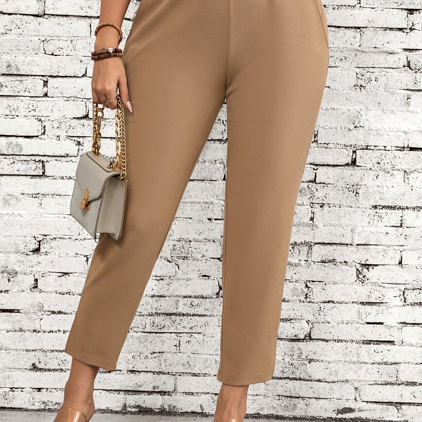 TEMU Plus Size, ' Plus Size Elegant Solid Color Pocketed Trousers (cone Pants) - Wide Trousers With Utility Pocket, Machine Washable, Spring Summer