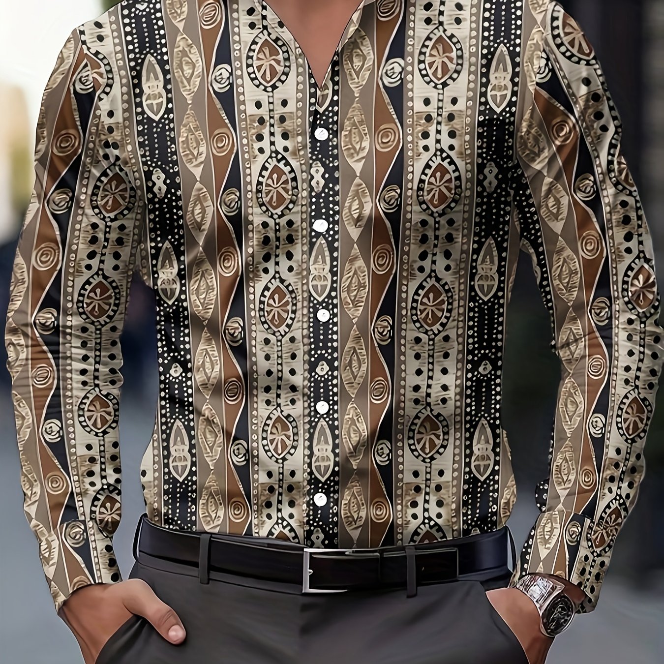 TEMU Men's Fashion Printed Shirt Vintage Ethnic Style Paisley Print Men's Casual Button Long Sleeve Shirt, Spring/summer Fall Men's Wear, For , Lapel