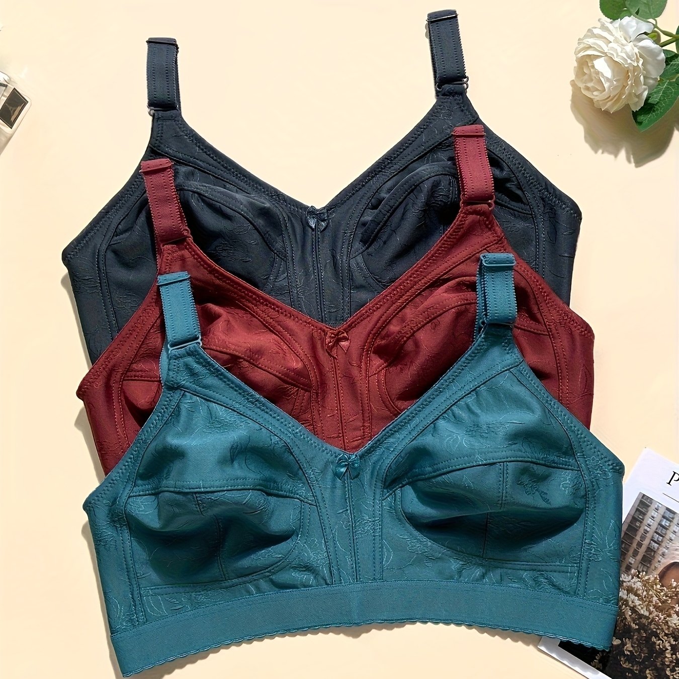 TEMU 3pcs Plus Size Thin Embroidered Women's Comfortable Wire-free Push-up Anti-sagging Adjustable Strap Bra