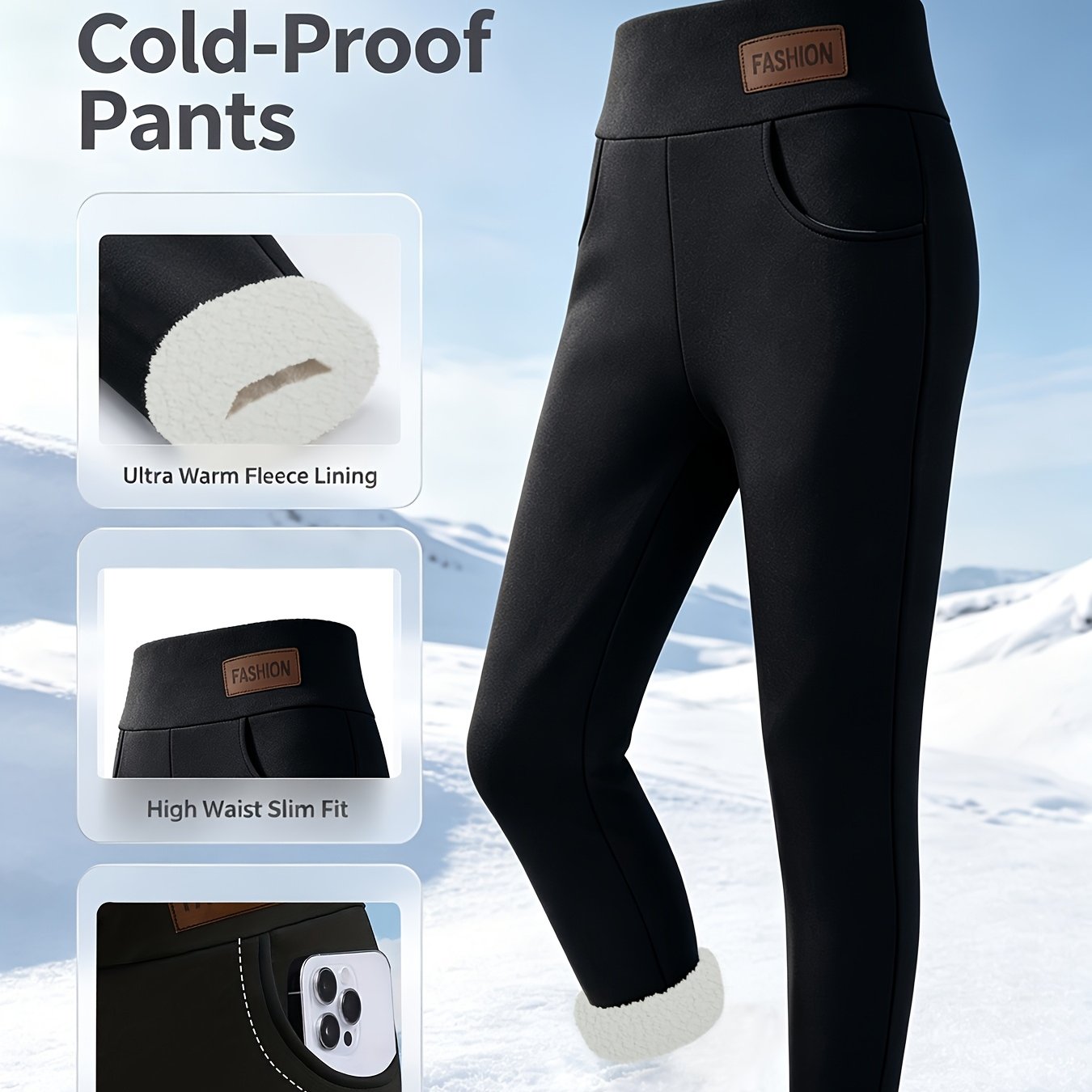 TEMU Pantaloni da donna a vita , foderati, antifreddo, vestibilit� aderente con tasche laterali per abbigliamento casual invernale S