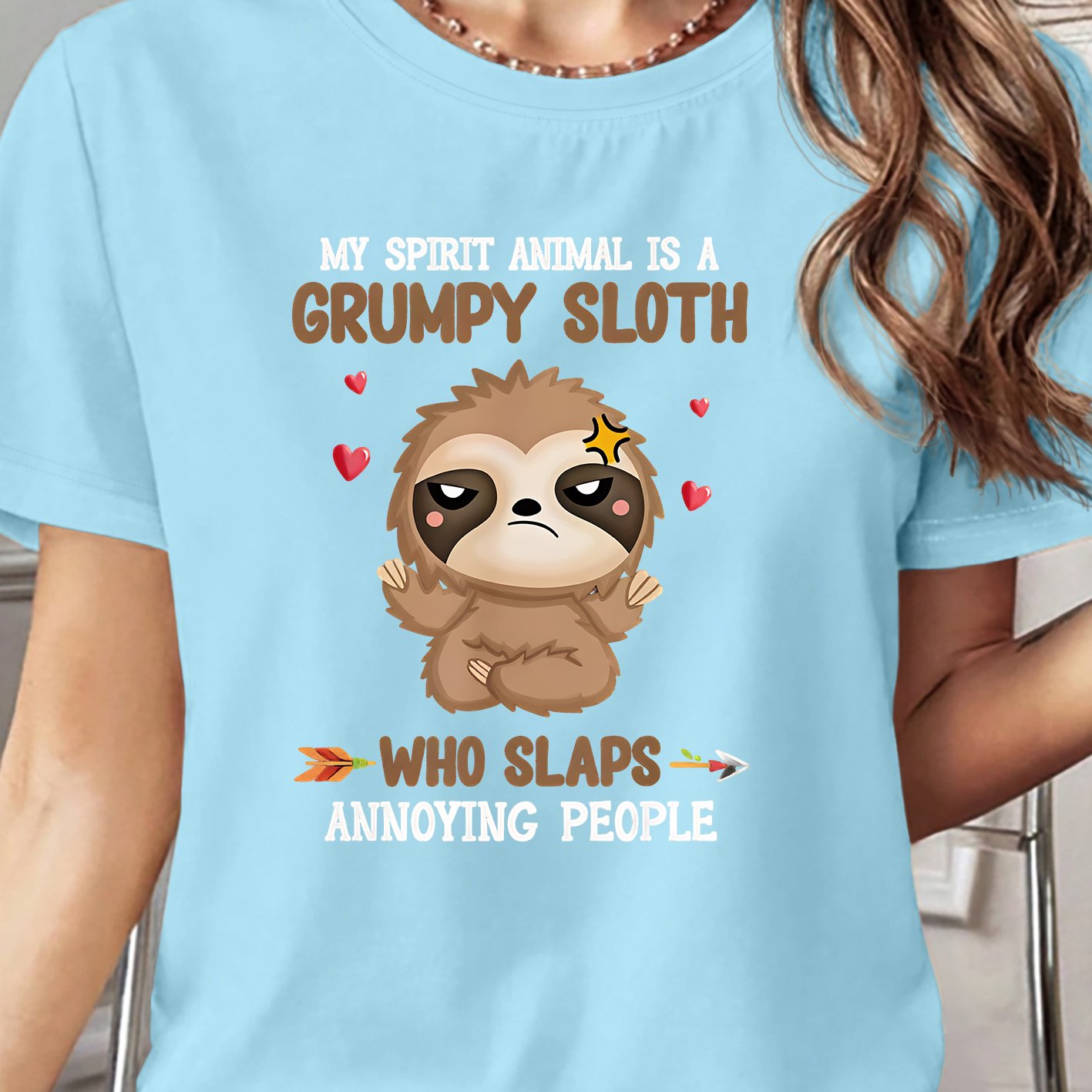 TEMU Plus Size Women' Top, My Is A Sloth Sloth Heart Arrow Cute Cartoon Print Short Sleeve T-shirt, Non-sheer Soft Fabric Loose Round Neck, Ideal For