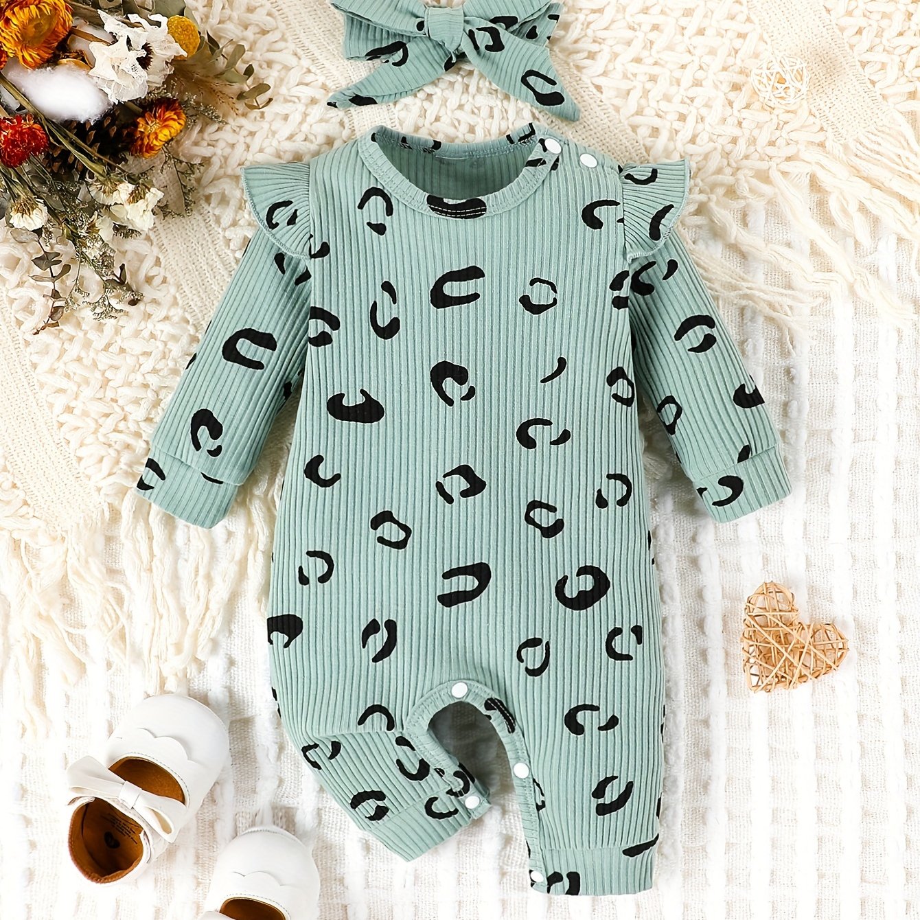 Image of Baby Spring And Autumn Leopard Print Comfortable And Fashionable Round Neck Long Sleeve Cute Jumpsuit, Children's Hoodie And Headscarf Two-piece Set, For Outdoor