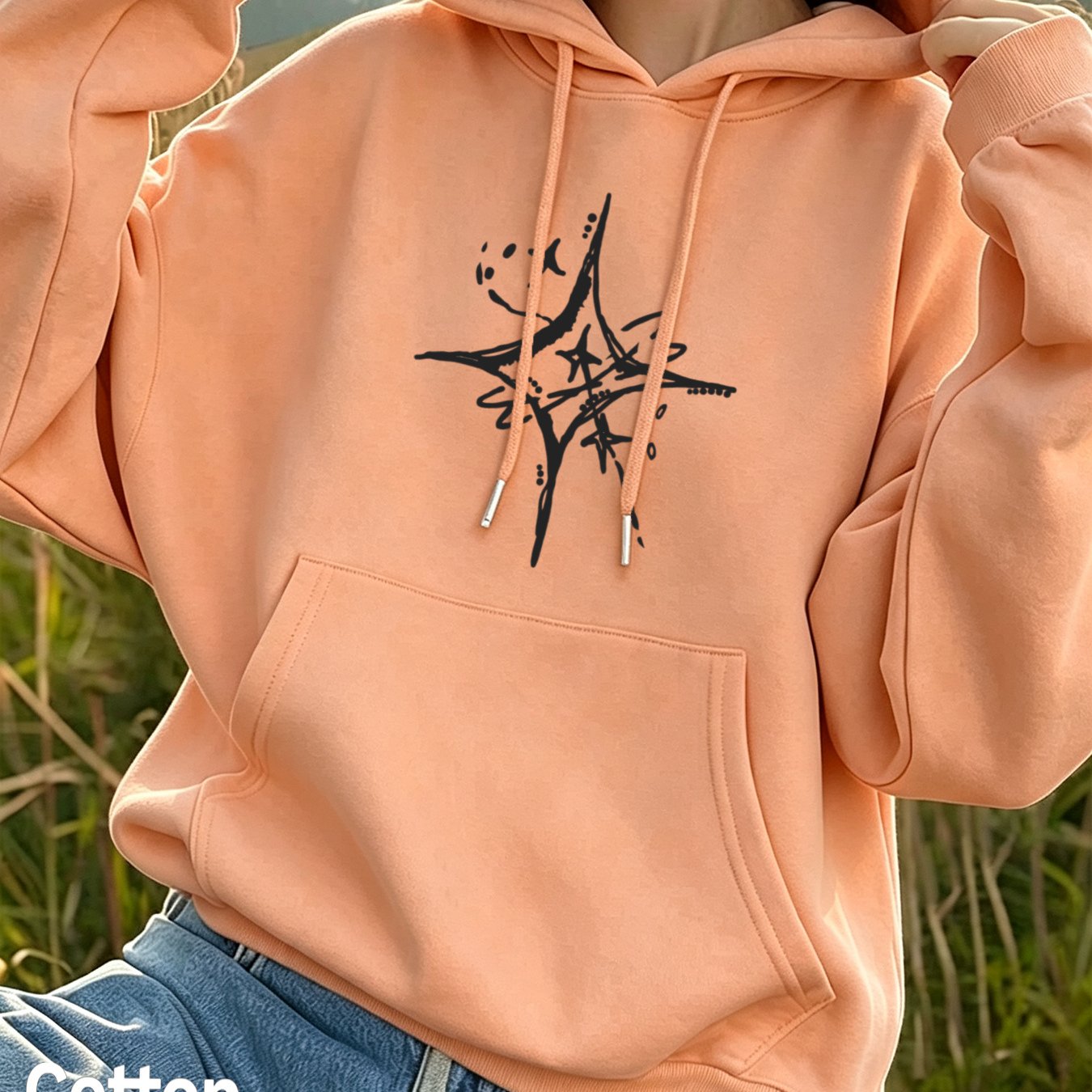 Image of Autumn Women's Fashionable Pocket Drawstring Hoodie With Abstract , Minimalist Street Style For Ladies, Casual Loose Pullover Jacket