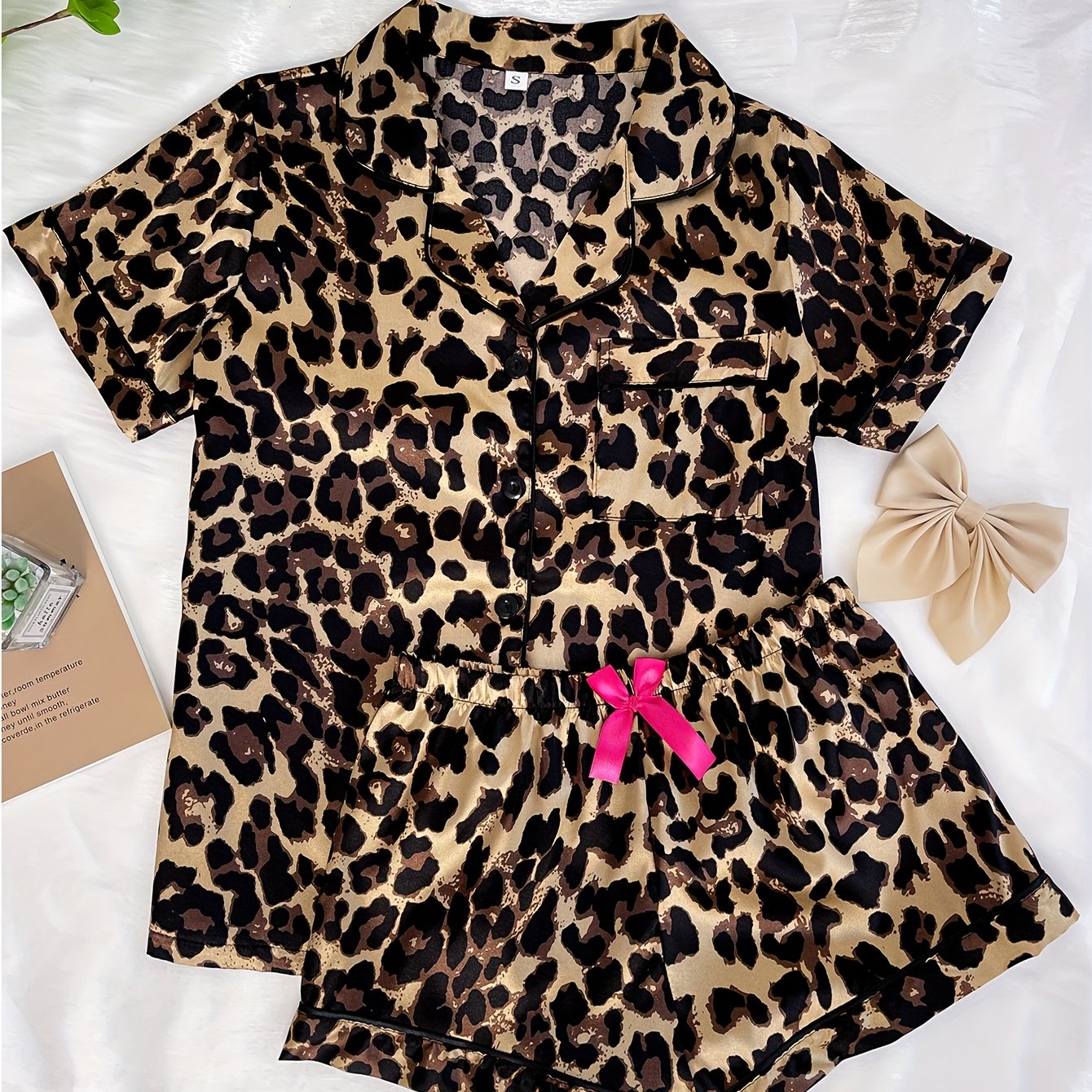 TEMU Women's Satin Pajama Set With Short Sleeved Button Top And Shorts, Leopard Print 2pcs Set