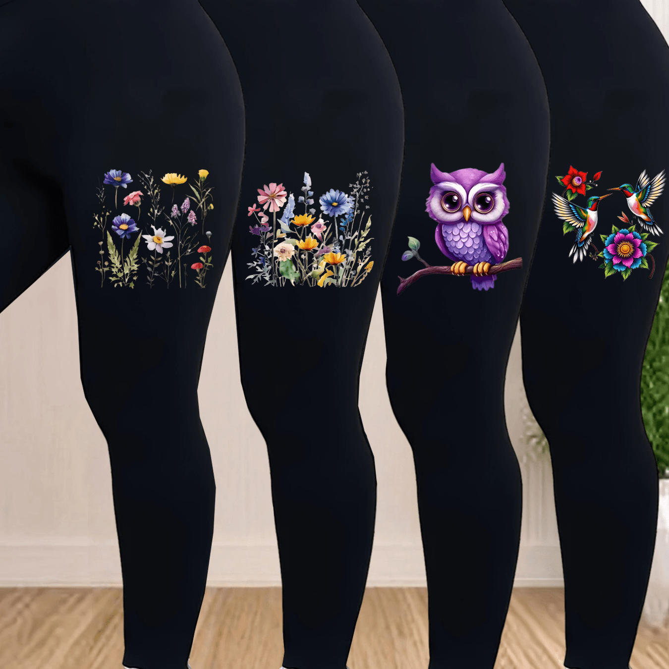 TEMU Plus Size, 4pcs Extended Size Casual Pants, Women's Floral Print Stretch High Elasticity Leggings 4pcs Set
