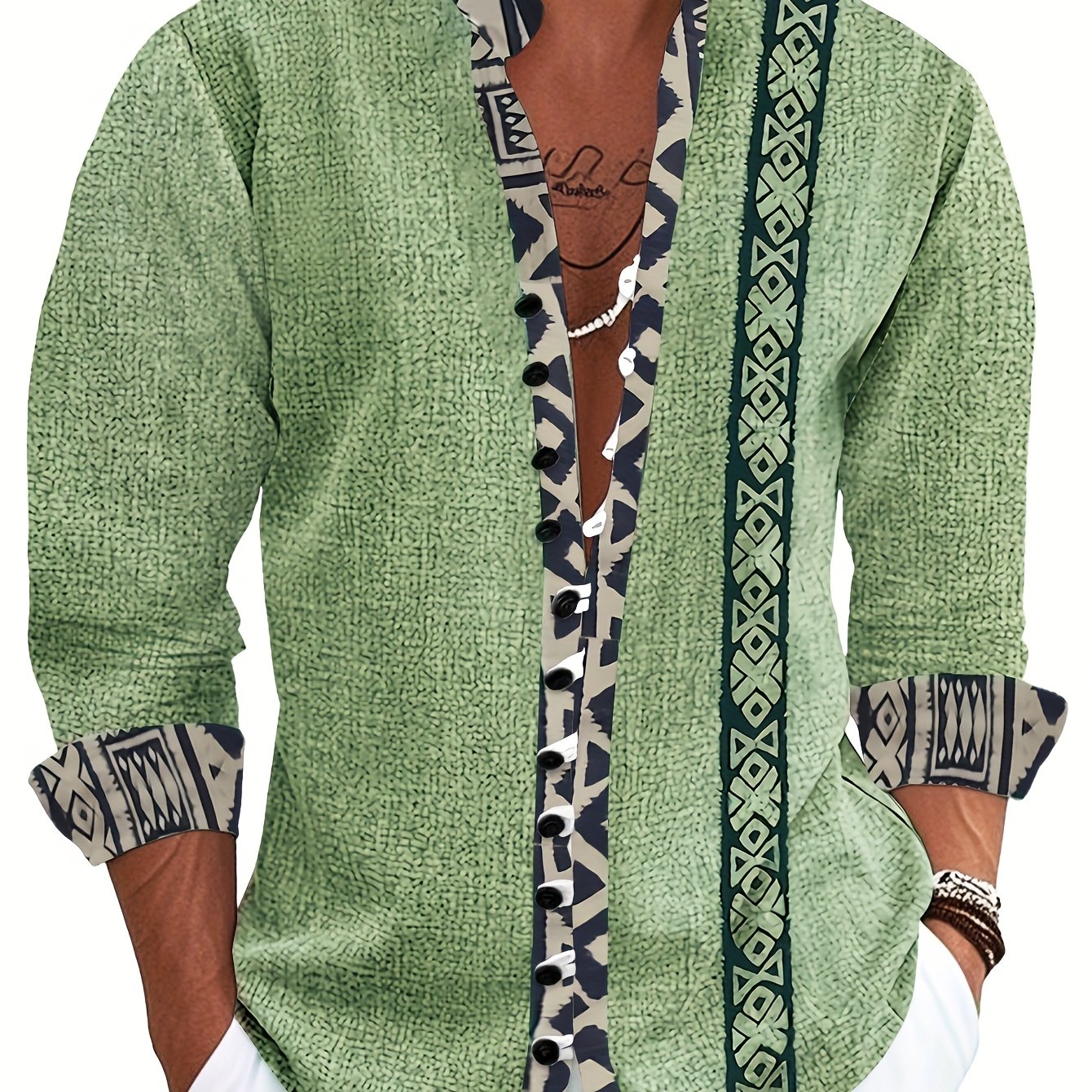 Image of Men's Fashion -collar Shirt, Ethnic Style Tribal Totem, Edge With Colorful Ethnic Patterns, Party Casual Outerwear Shirt, Stand-collar Long Sleeve Casual Shirt
