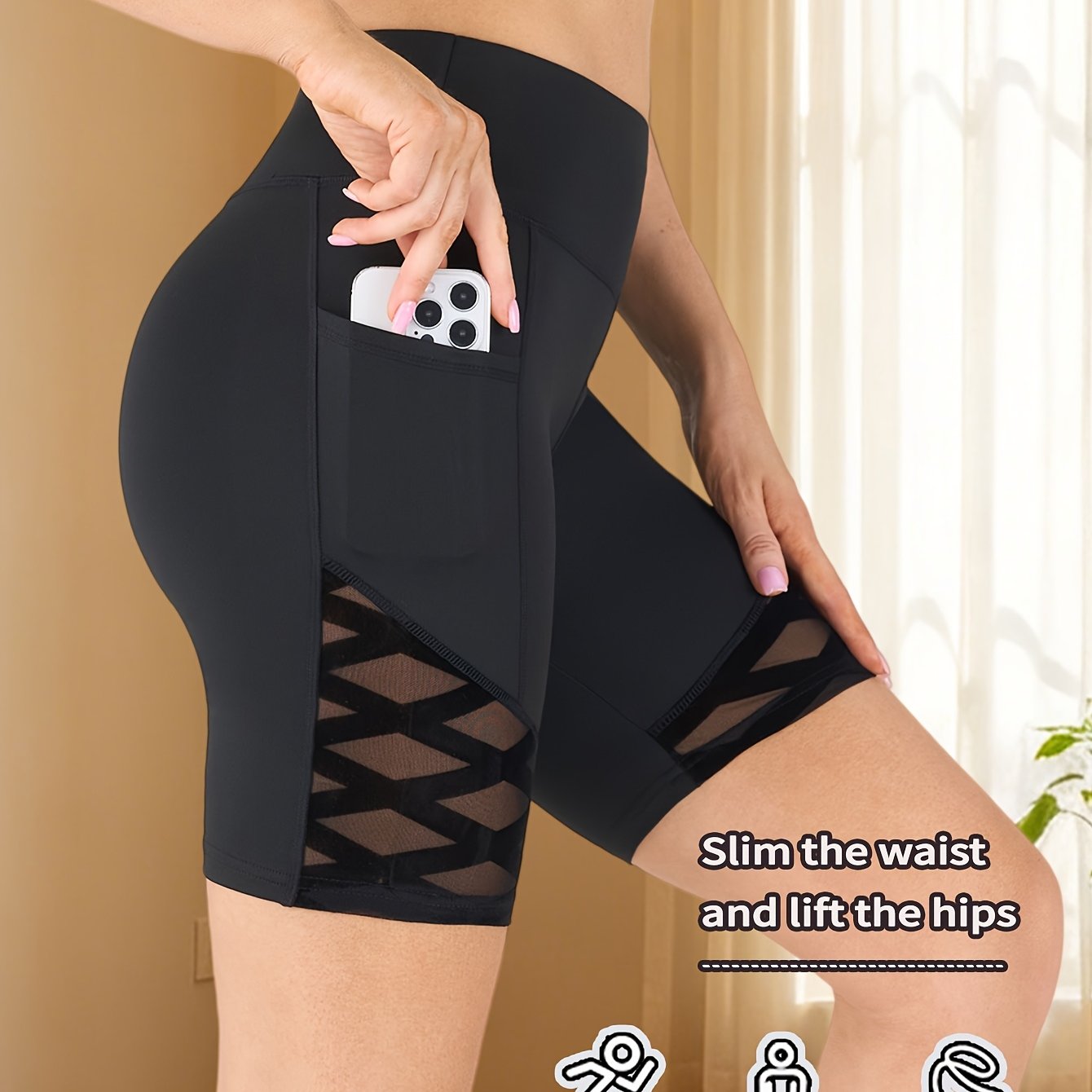 TEMU Women's High-waist Tummy Control Lifting Yoga Shorts With Phone Pocket & Mesh Panels - Non-sheer Workout Gym Shorts Suitable For Cycling,