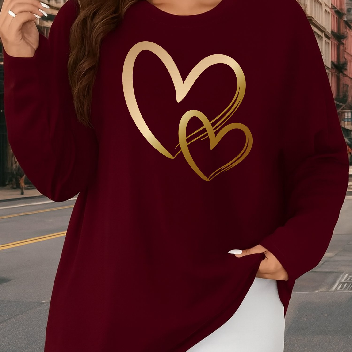 TEMU Plus Size, Women's Long Sleeve Crew Neck Plus Size T-shirt - Pattern Soft Polyester Top (/wine Red/blue/gray/) - Opaque Everyday Casual Shirt, A