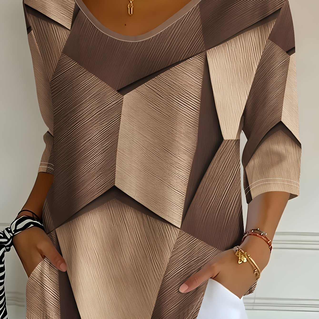 TEMU T-shirt pour femme à manches -, style vacances, imprimé géométrique marron chaud, impression 2D à plat, haut décontracté de printemps et