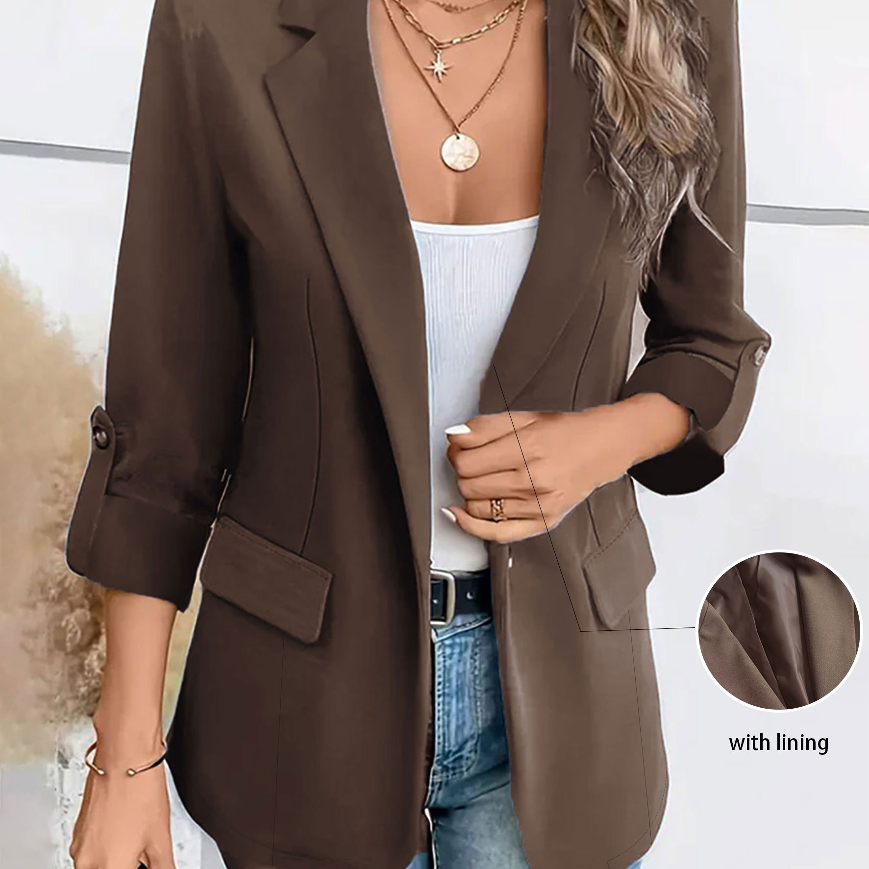 TEMU Women'-up Sleeve Blazer, 1pc, Lapel Collar, Single-breasted, Slim Fit, Figure-flattering, For Commuting And Casual Wear, Solid Color, Casual,