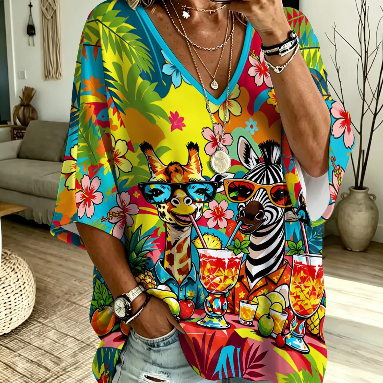 TEMU Plus Size, Women's Plus Size T-shirt, Tropical Theme With Giraffe, Zebra, Fashion Glasses, , And Print, Summer Casual Vacation Wear, Printed