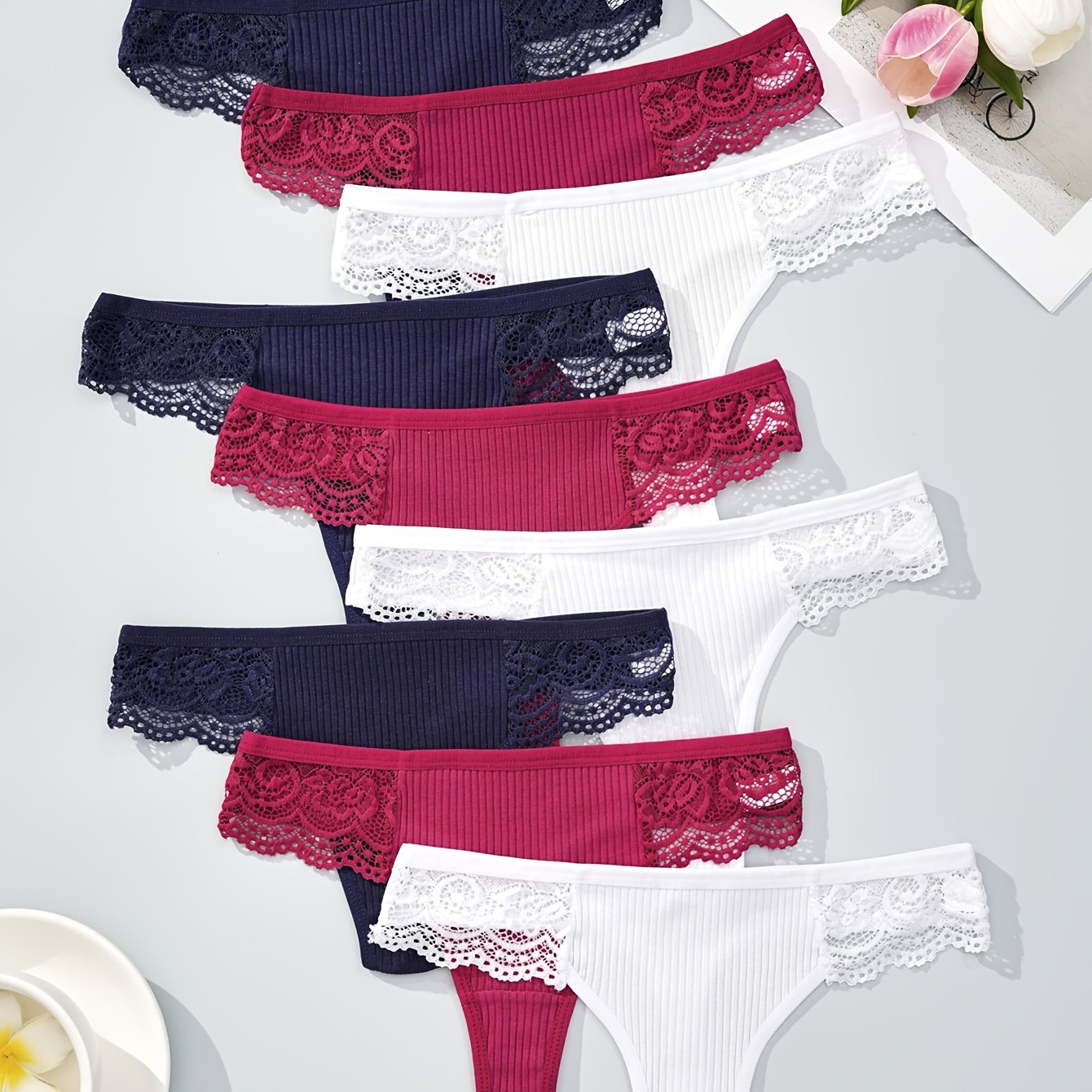 Image of 9pcs Women&;s Thong Panties - Low-rise Sexy Lace Trim, Soft Breathable Assortment, Comfortable Everyday & Holiday Gift Underwear For Her