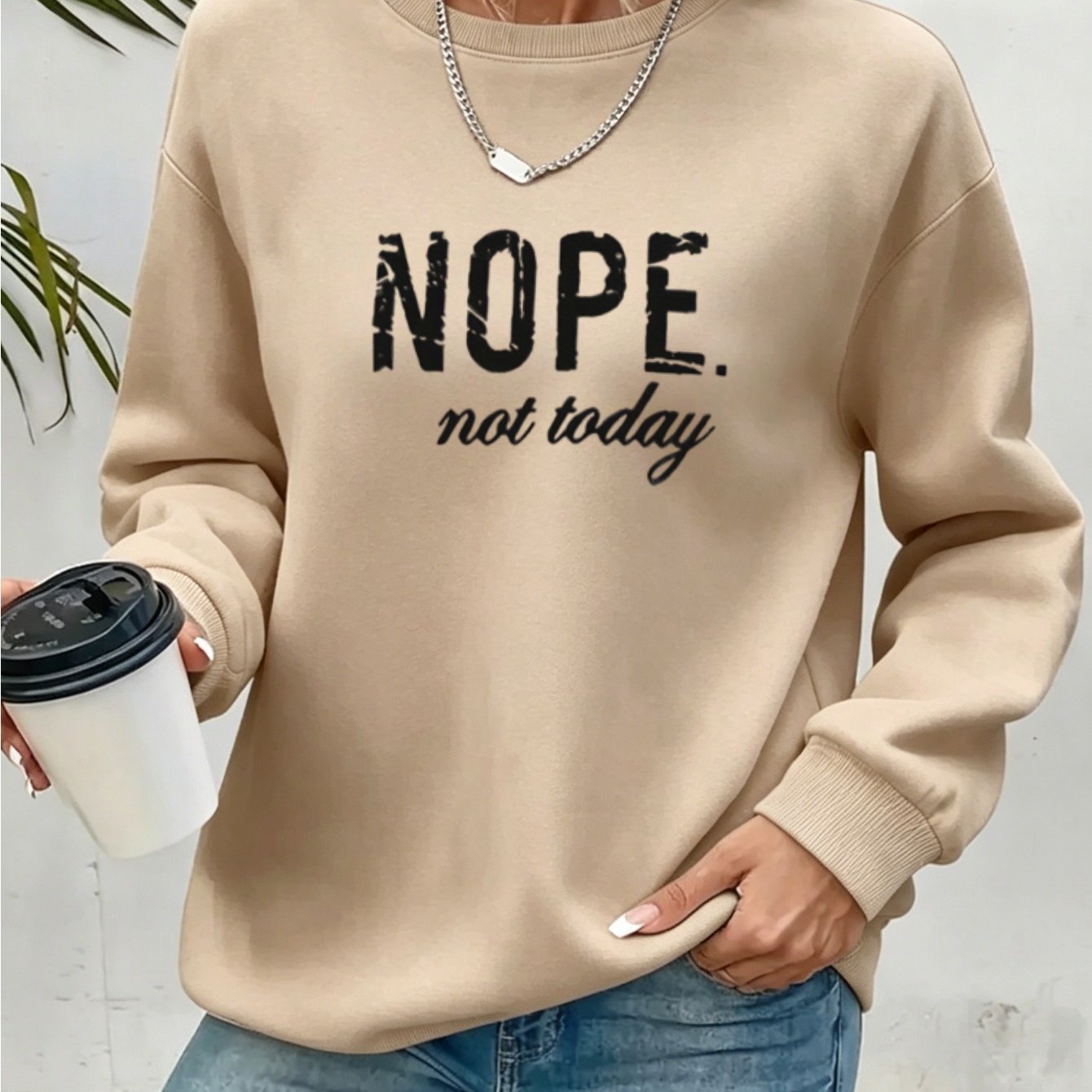 Women's Off-shoulder Pullover Sweatshirt - 'nope Not Today' Letter Print - Light Grey Semi-sheer Top - Loose Fit Casual Tee For Spring And Autumn - Machine Washable