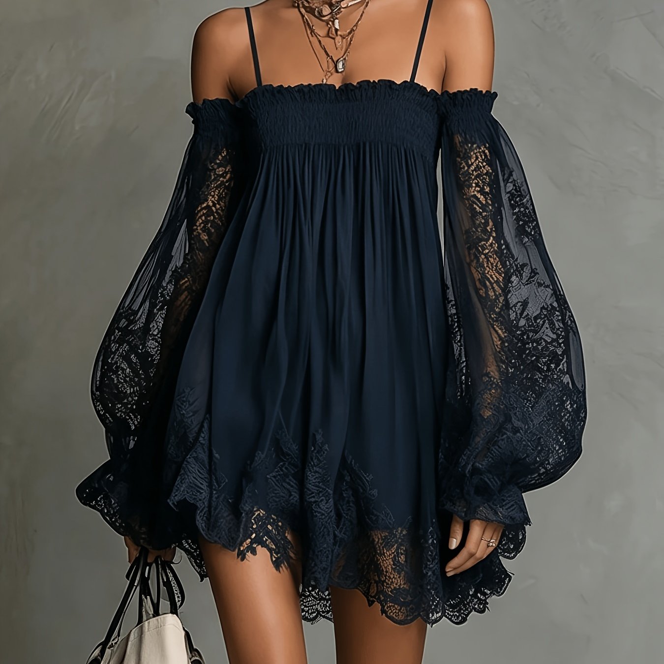 Image of Women's Elegant Off-shoulder Strapless Lace Dress - Long Sleeve Solid Color Pencil Dress Suitable For Weddings, Parties,, Machine Washable Dress