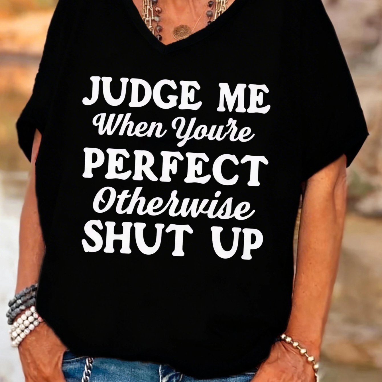 TEMU Plus Size - Casual Funny Graphic Plus Size Women's V-neck Batwing Sleeves T-shirt When You're Perfect Shut Up Printed Top Summer Fall Daily Wear