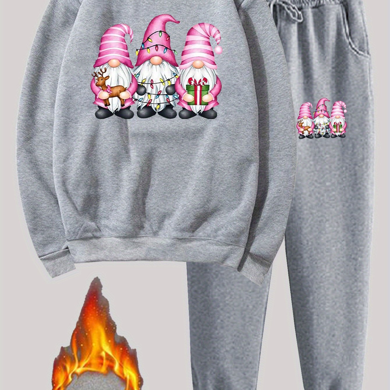 TEMU Christmas Pink Series Gnome Women's Plus Size -lined Home Set For Autumn/winter