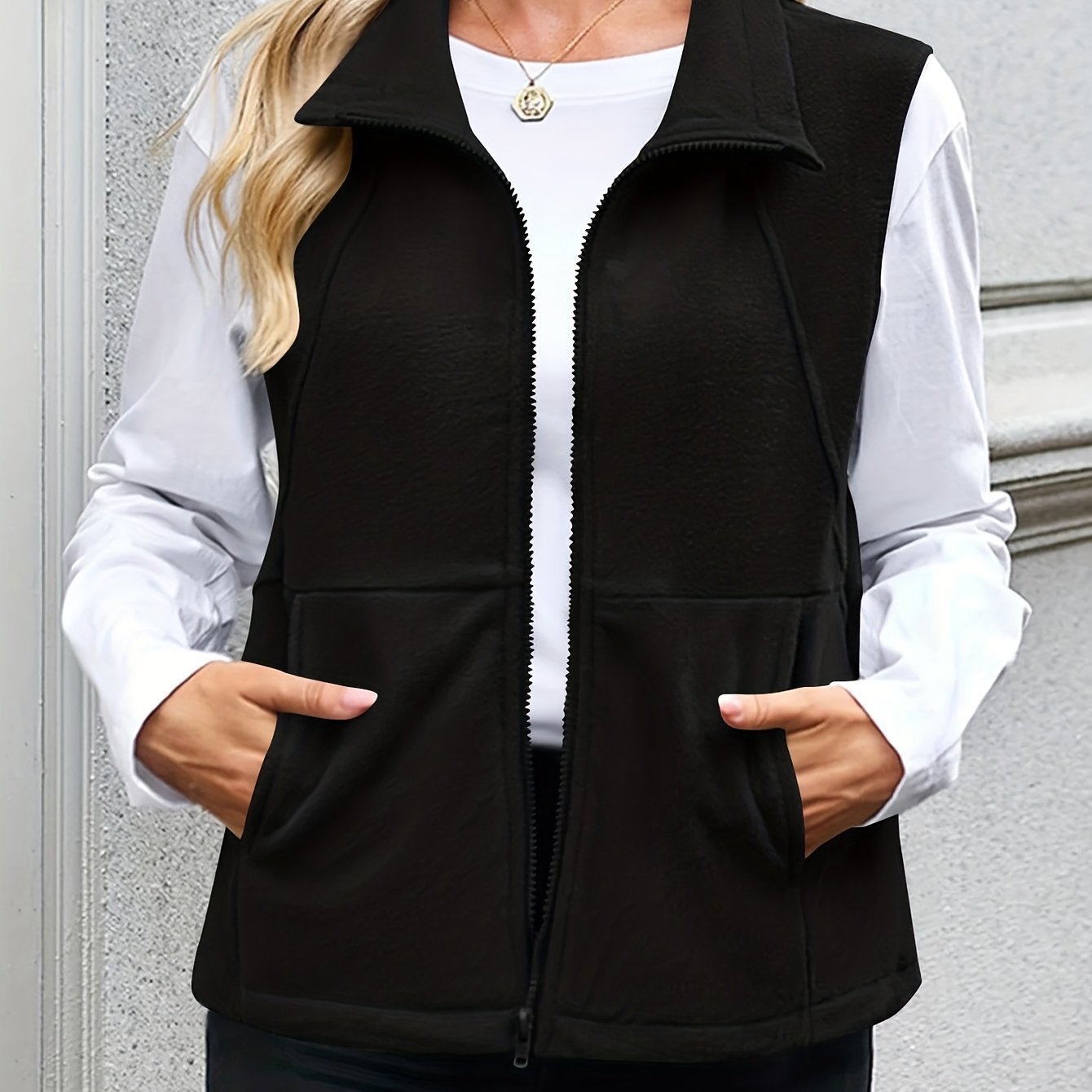 TEMU Plus Size - Women's Plus Size Fashionable Elegant Lapel Zipper Pocket Vintage Jacket Vest Top