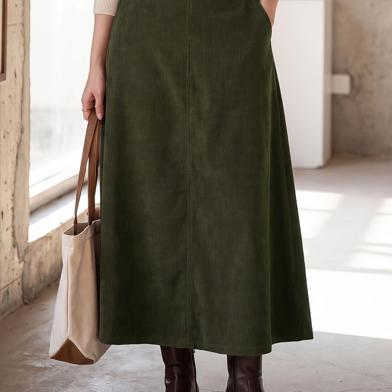 item picture womens high waist corduroy a line midi skirt with flared hem side pockets and a draped fall winter style