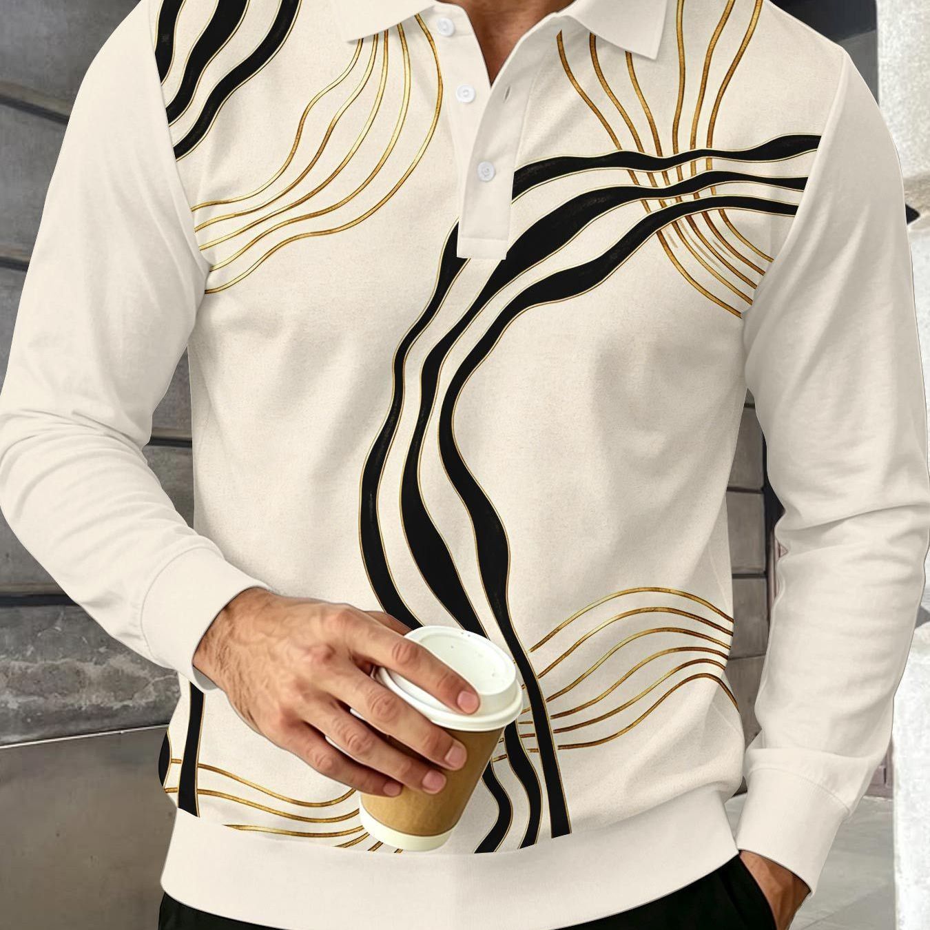 Image of Light Luxury Art Print Long Sleeve , Men Collared Casual Top, Plus Size