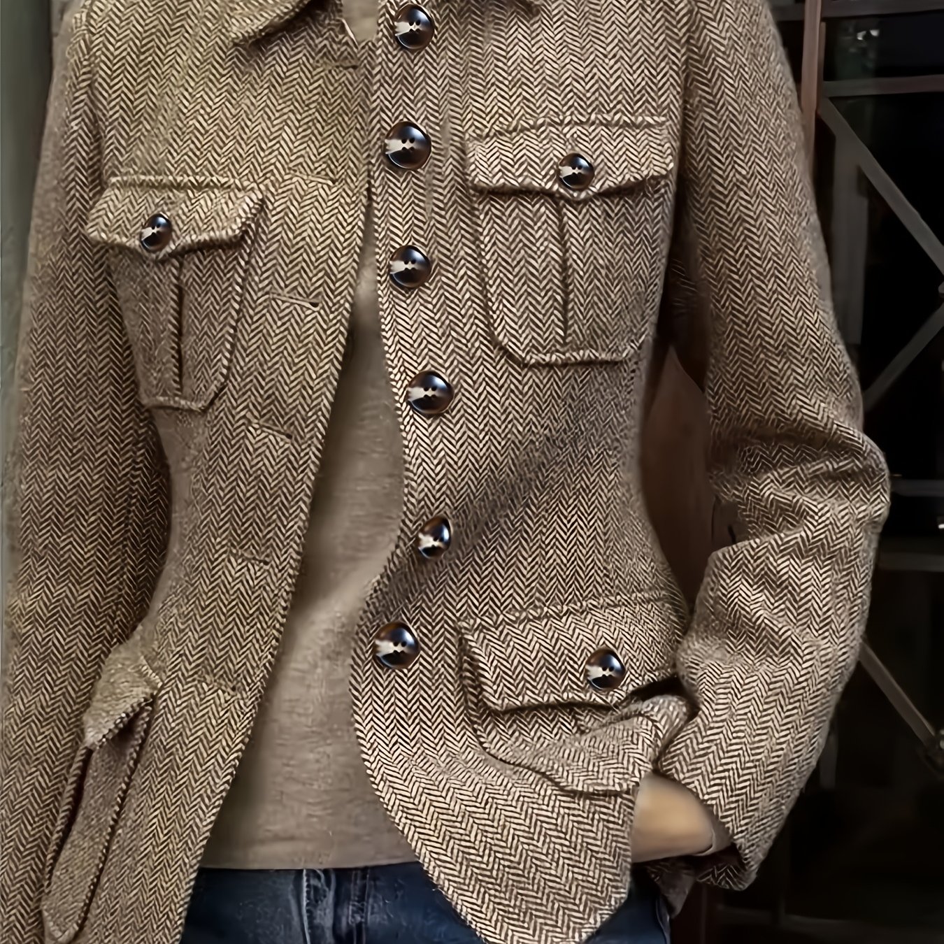 E-shop Casual Mode Revers Herringbone Diagonal Mehrfachtaschen Rückenschlitz Design Pendler Damenjacke Langarm Einreihiger Mantel