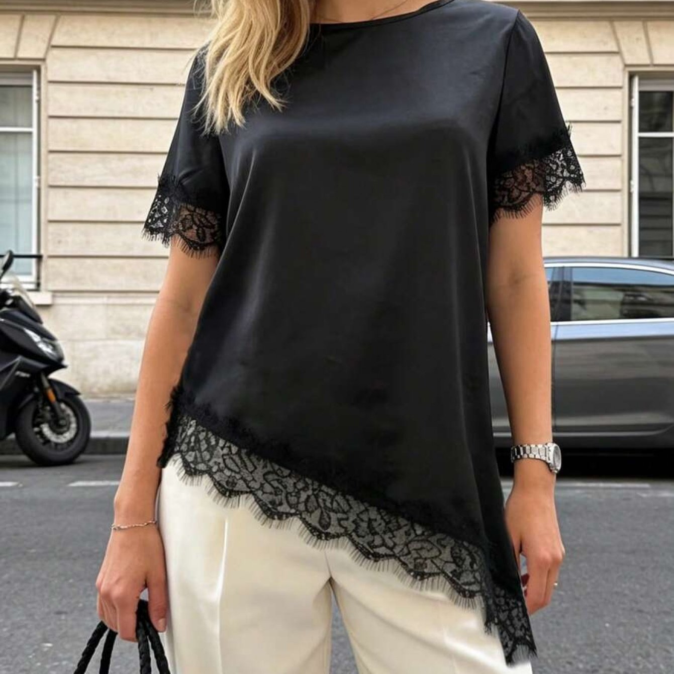 TEMU Women's New Lace Round Neck Short Sleeve Asymmetrical Hem Blouse