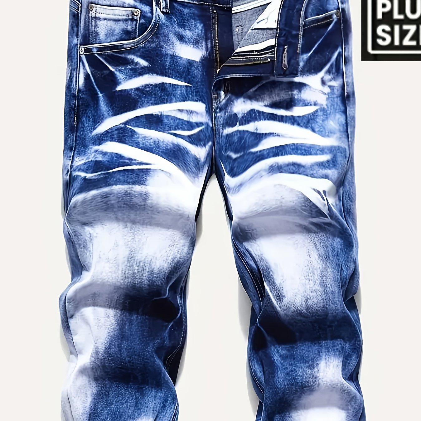 Image of [hme] H062new Men's Casual Denim Pants For Autumn And Winter, Heavily Washed , Brushed White Cat's Beard, Mid-waist Elastic Slim Straight Leg, Front With Ykk Zipper Closure, Men's Plus-size Jeans