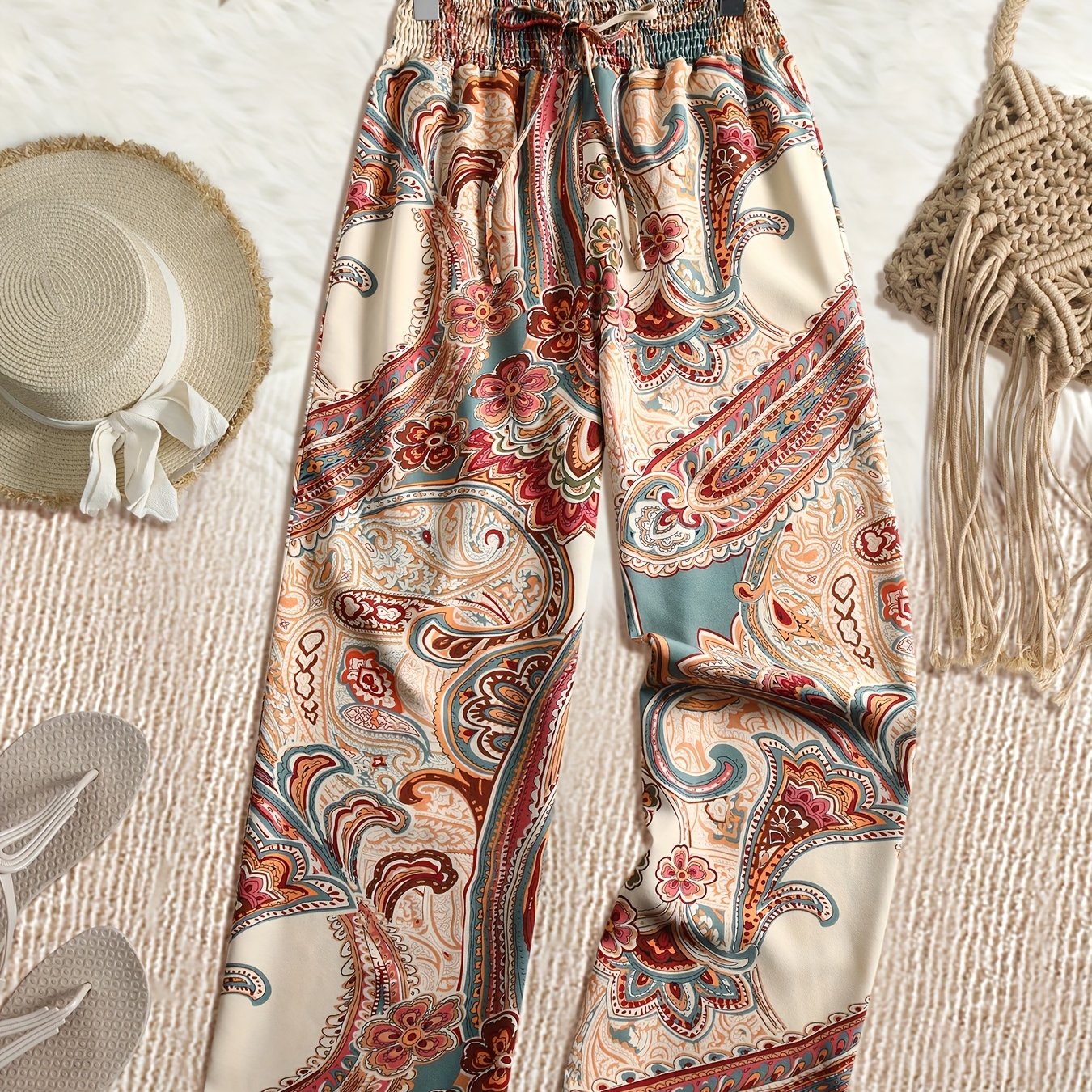 Paisley Print Wide-leg Pants, Casual For Spring/summer