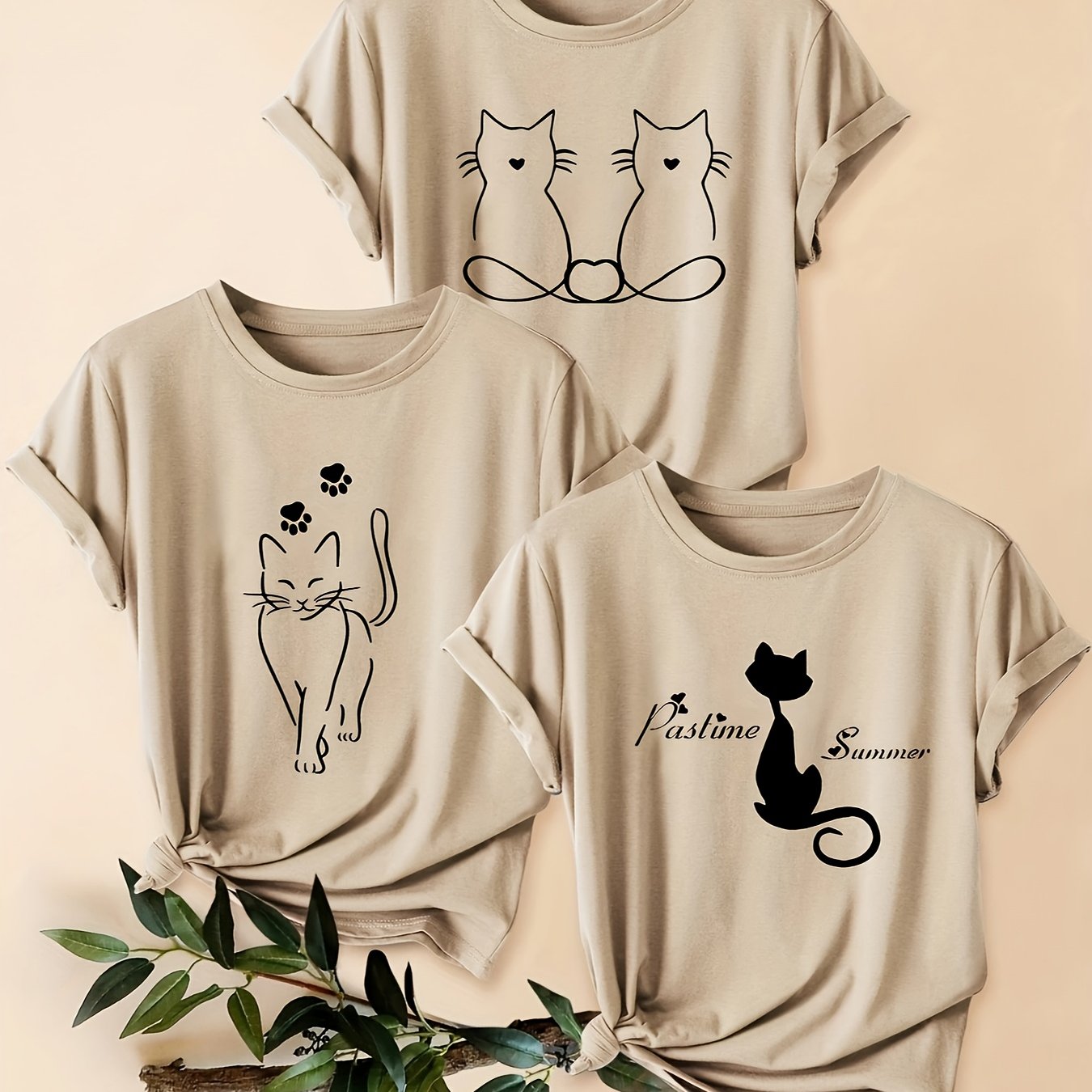 TEMU Pack de T-shirts Femme Manches Courtes Minimalistes avec Imprimé Chat en , Col Rond, Coupe Loose Style Décontracté Été, Hauts Polyvalents pour