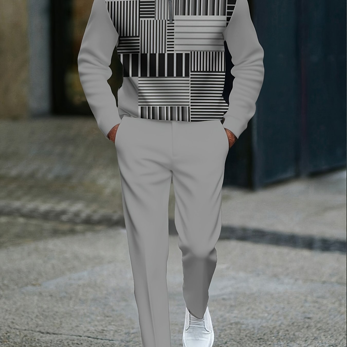 TEMU 2025 Autumn Gray And Black Color Block Splicing Men's Casual Sports Suit | Fashionable Half Zipper Stand Collar Long Sleeve + Solid Color