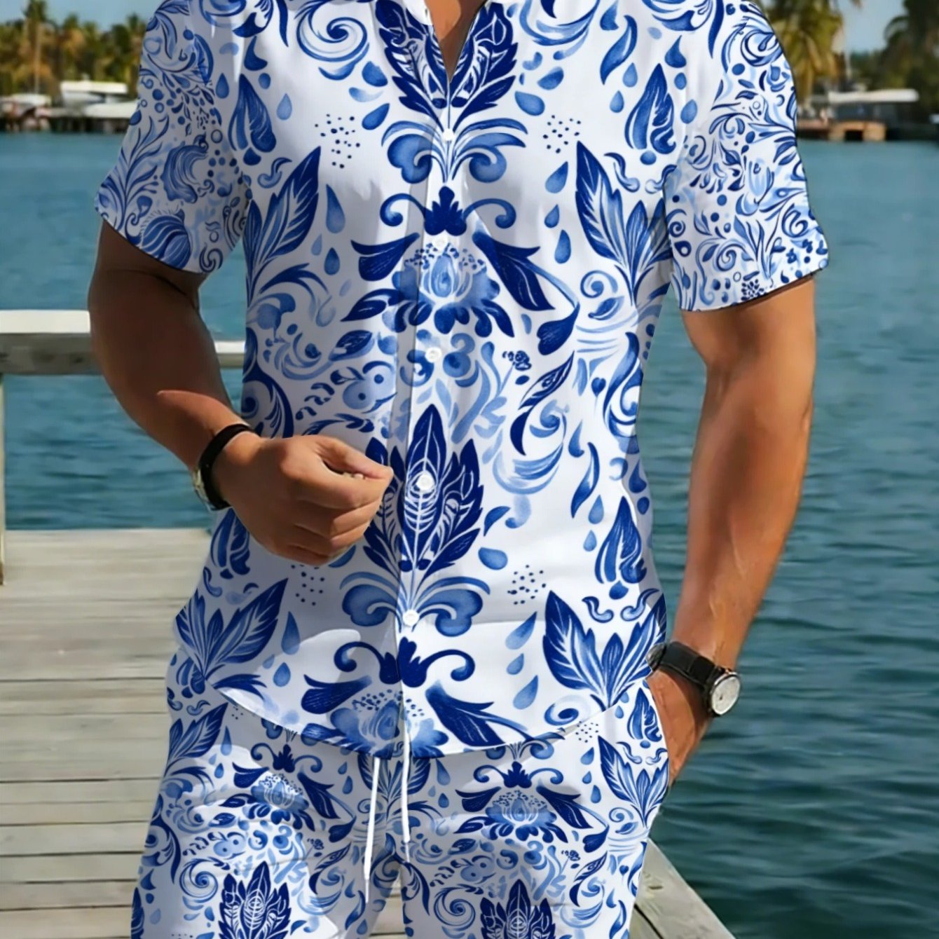 TEMU 2pcs Set [printed Design Not Textured] Men's Blue And White Floral Print Short Sleeve Shirt And Pants Set, Lightweight Comfortable Beachwear For