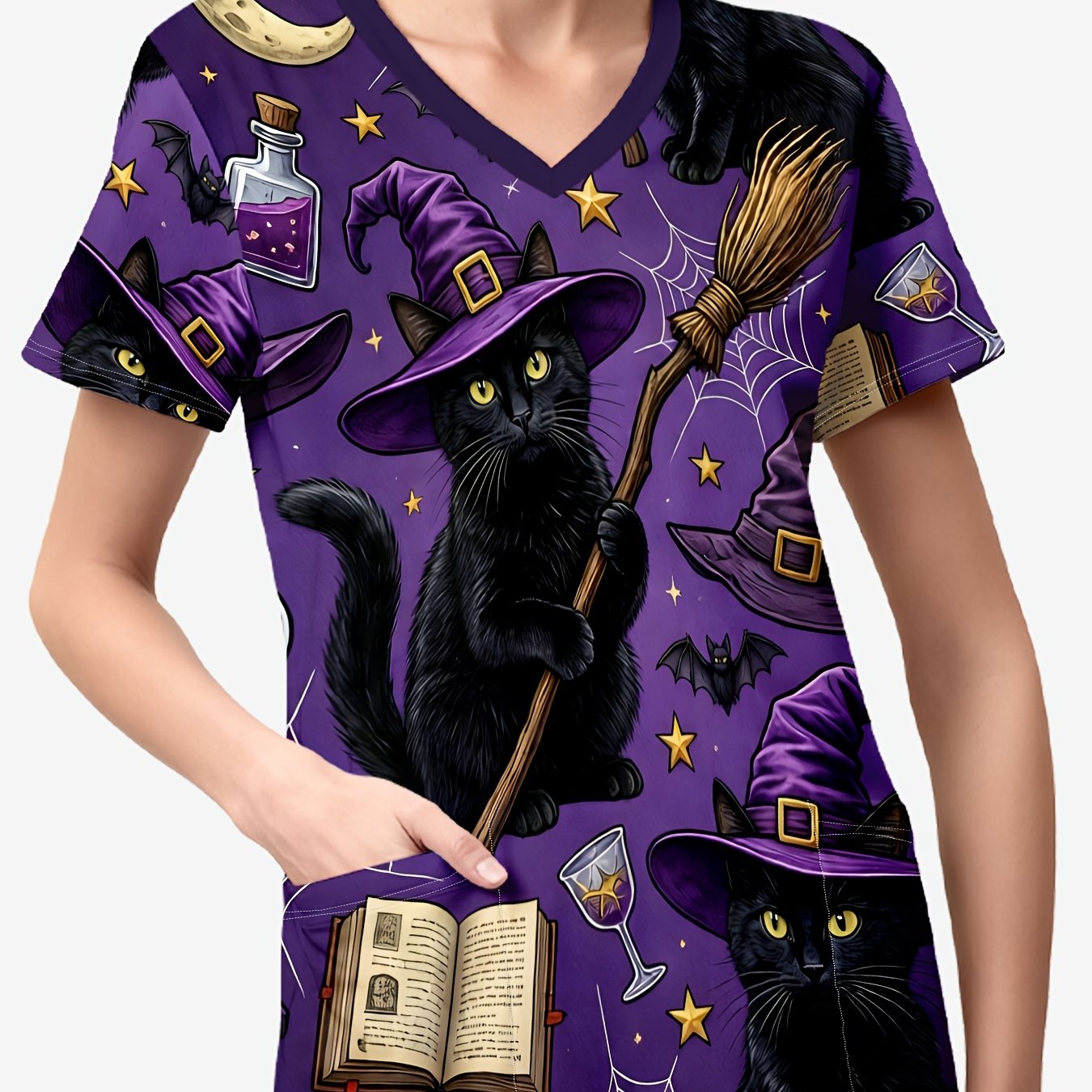 TEMU 1pc Halloween Fashion V-neck Women's Printed Nurse Uniform, Halloween Dark Style Black Cat Print Nurse Fabric Retro Purple Bat Wizard Hat Broom