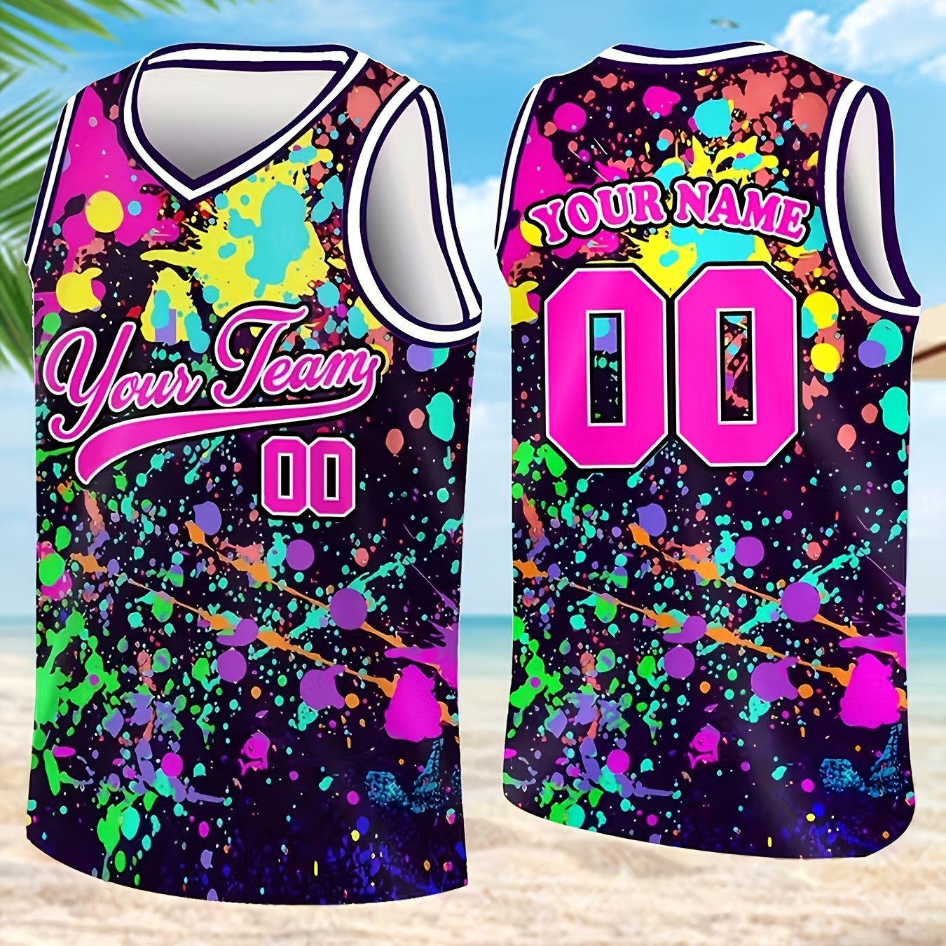 TEMU Custom Men Women Summer New 3d Print V-neck Vest, Tropical Hawaiian Design, Breathable Quick-dry Athletic Top, Personalized Name And Number