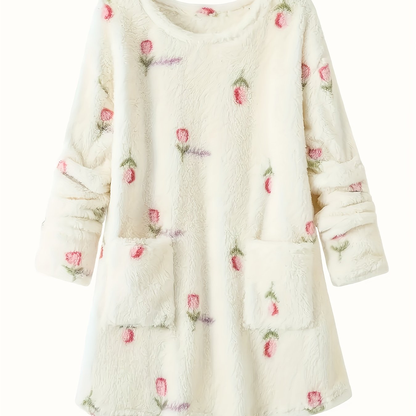 Image of Autumn-winter New Thickened -sided Fleece Pocket Top, Autumn/, Plush Long Sleeve, Small Fresh Irregular Flower Print Sweatshirt For Indoor And Outdoor Wear In Occasions