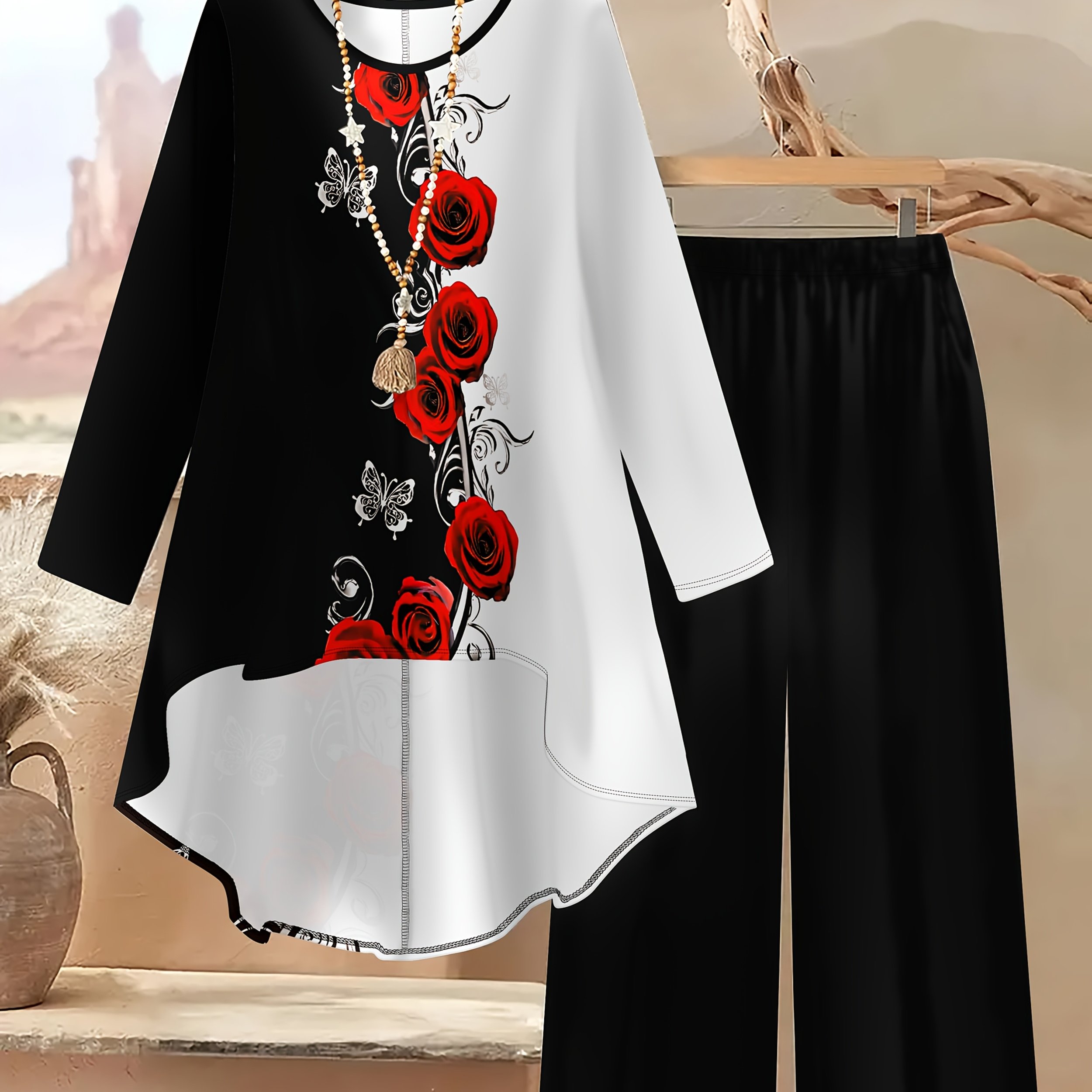 Plus Size - Plus Size - Targeted Elegant Women's Fashion Multicolor Floral Print Round Neck Long Sleeve Set
