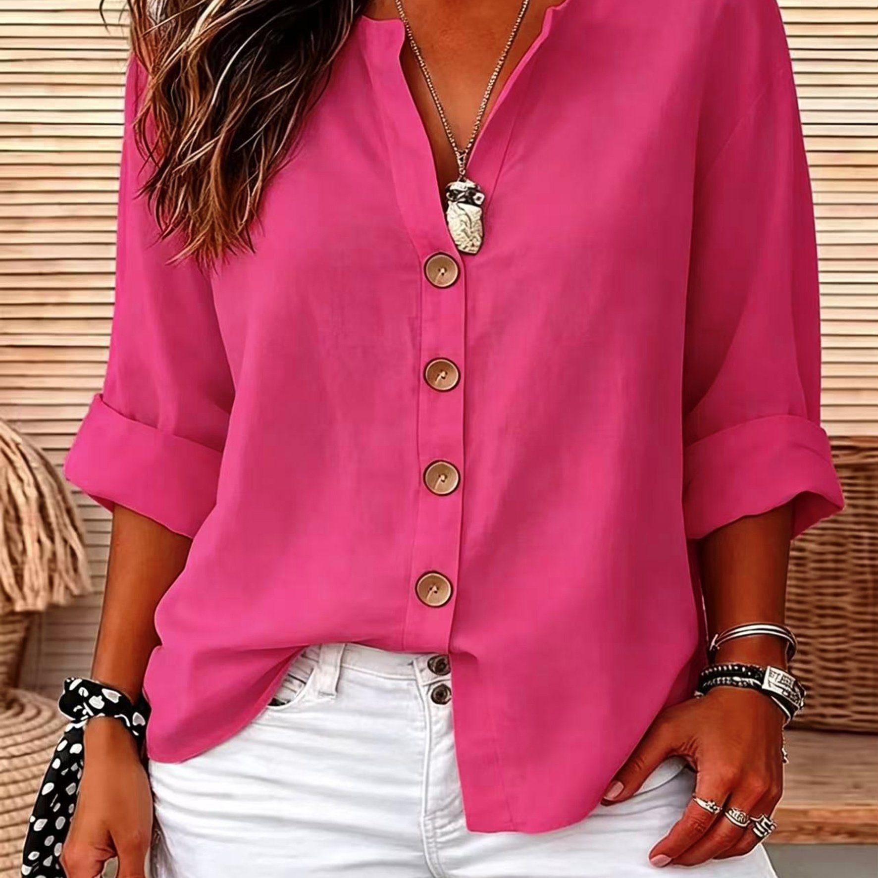 TEMU Solid Color Shirt, Round Neck Button-up, Loose Fit, Casual Wear, Spring Summer Women's Shirt