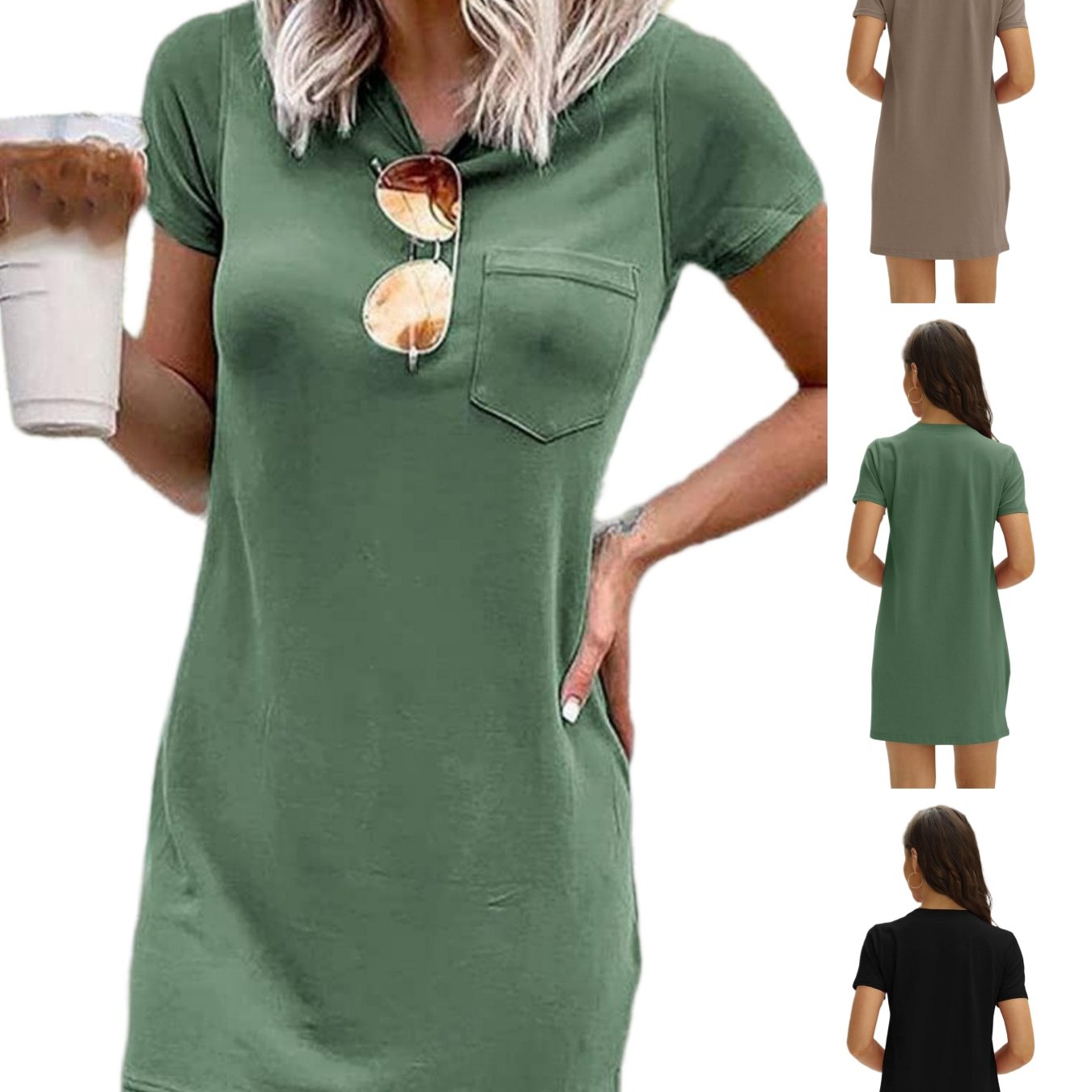 Casual Mini Dress For Women, Perfect For Summer, Featuring Neck, Short Sleeves, And A Solid With Pockets