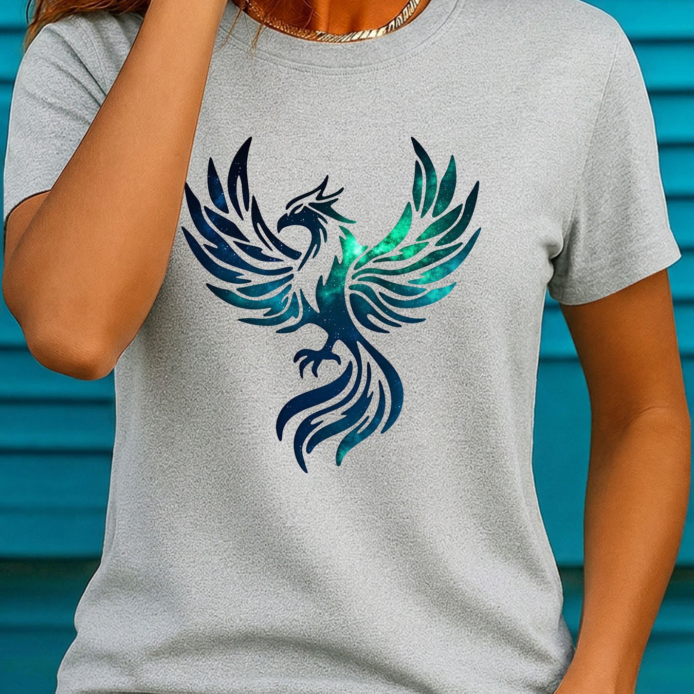 TEMU Women's Plus Size Round Neck Short Sleeve T-shirt, Blue Phoenix Print T-shirt, Phoenix Bird Pattern Short Sleeve Top Ii 1727
