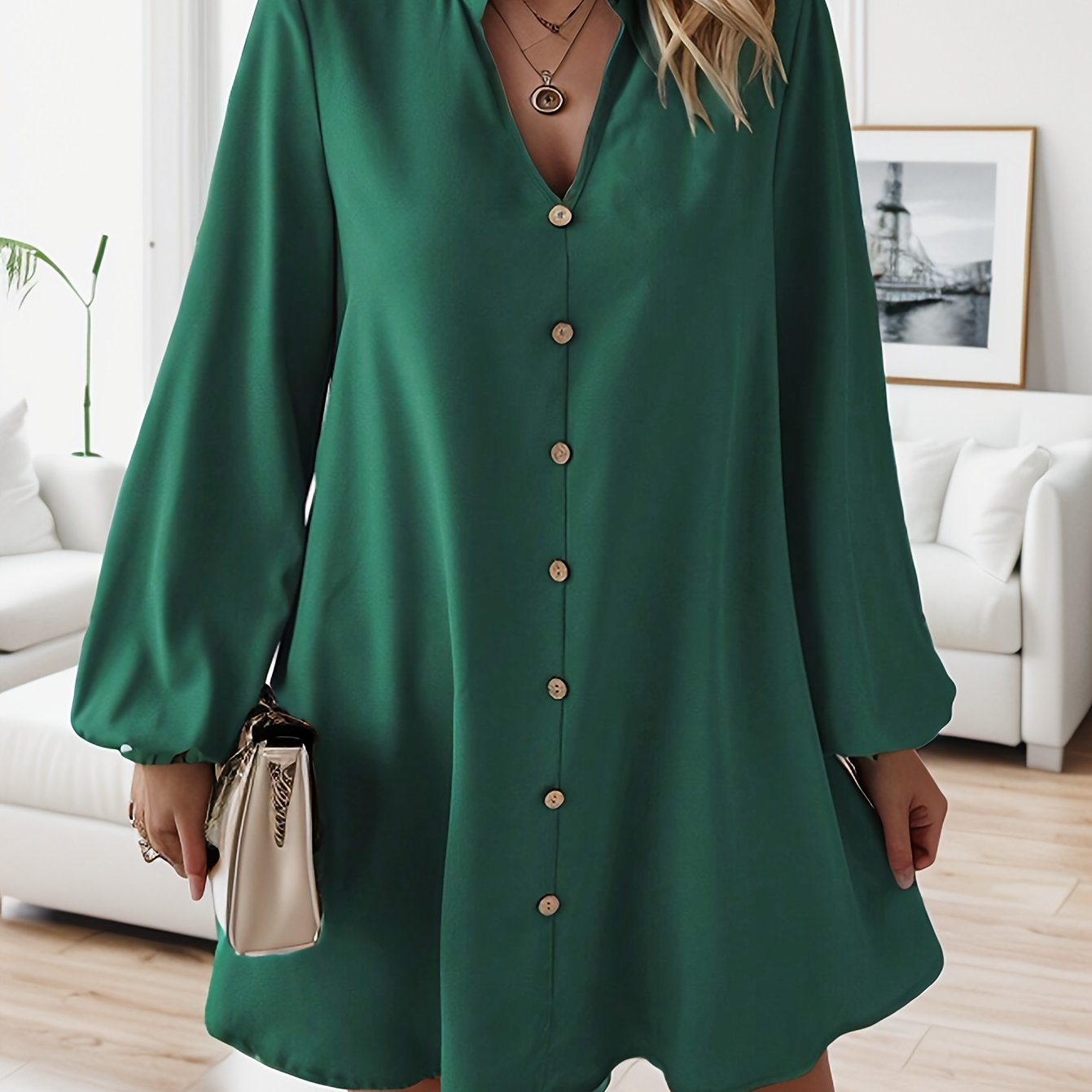 TEMU 7702 Abito Elegante Donna con Scollo a V, Maniche Lunghe e Bottoni Singoli, Unico