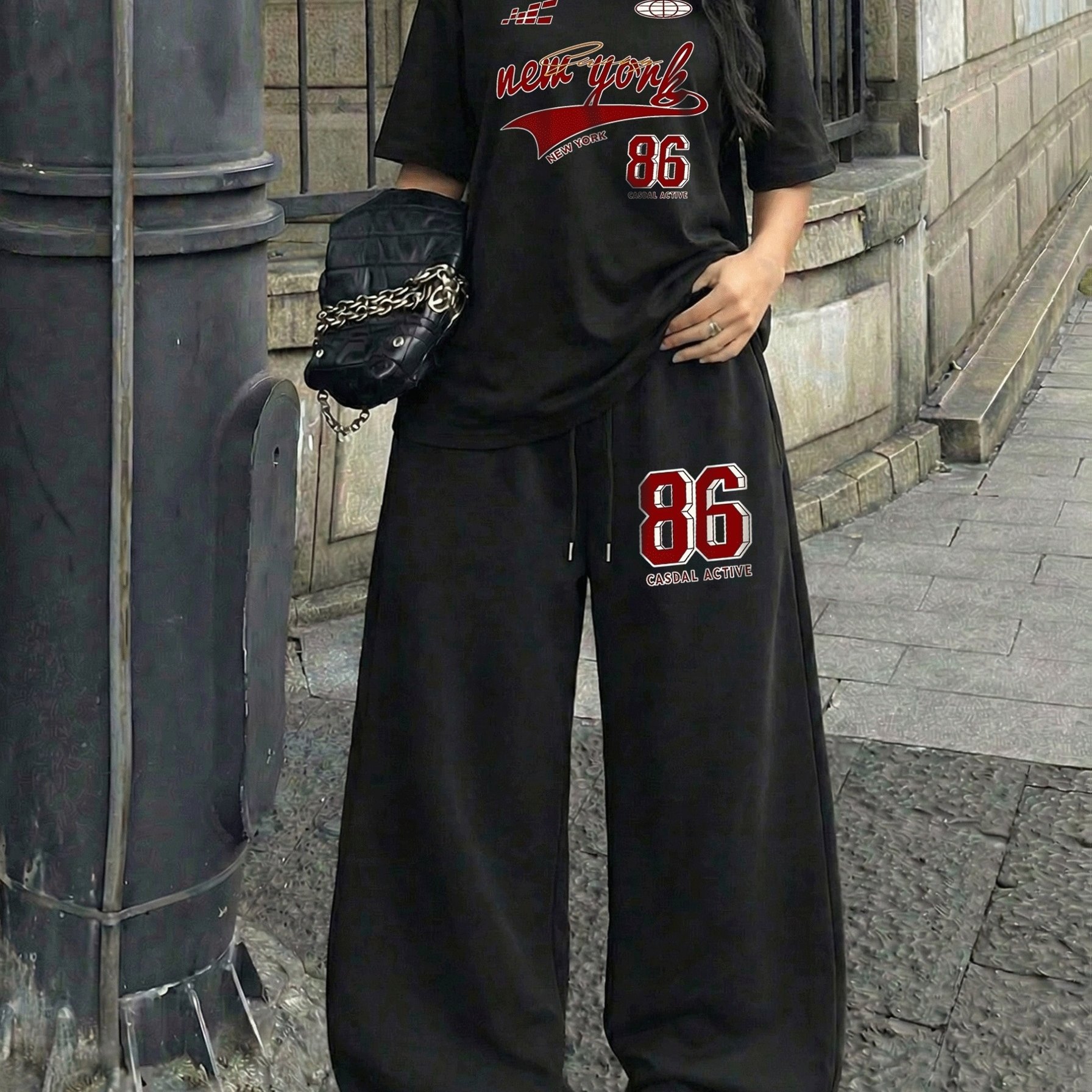 TEMU Black Women's Star Number 86 Print Round Neck Short Sleeve And Loose Drawstring Pants Two-piece Set, Women's Trendy Suit, Suitable For Summer
