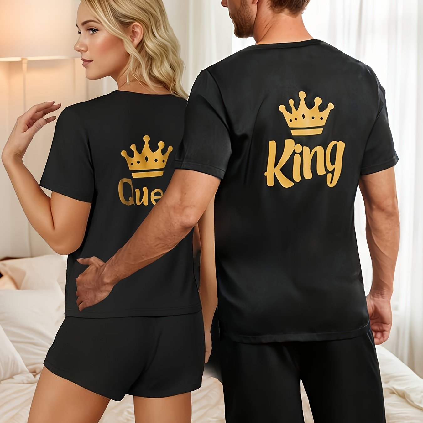 TEMU Matching Pajama Set - Black Short Sleeve T-shirts With & Letter Print, Soft Polyester Blend, Couples, , Pajamas For Couples