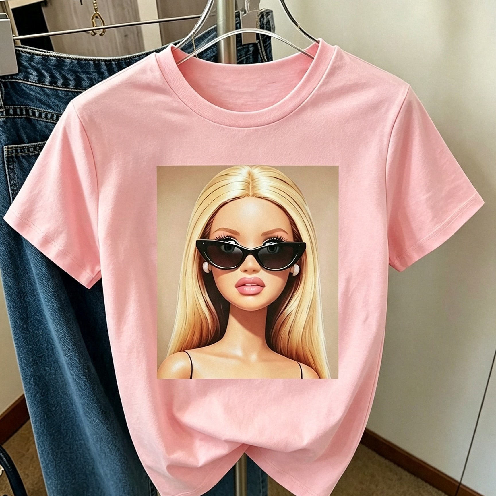 TEMU Women-crew-neck-short-sleeve-t-shirt-with-fashion Glasses-doll-print, -casual-ladies-apparel-suitable-for-spring-and-summer-daily-wear