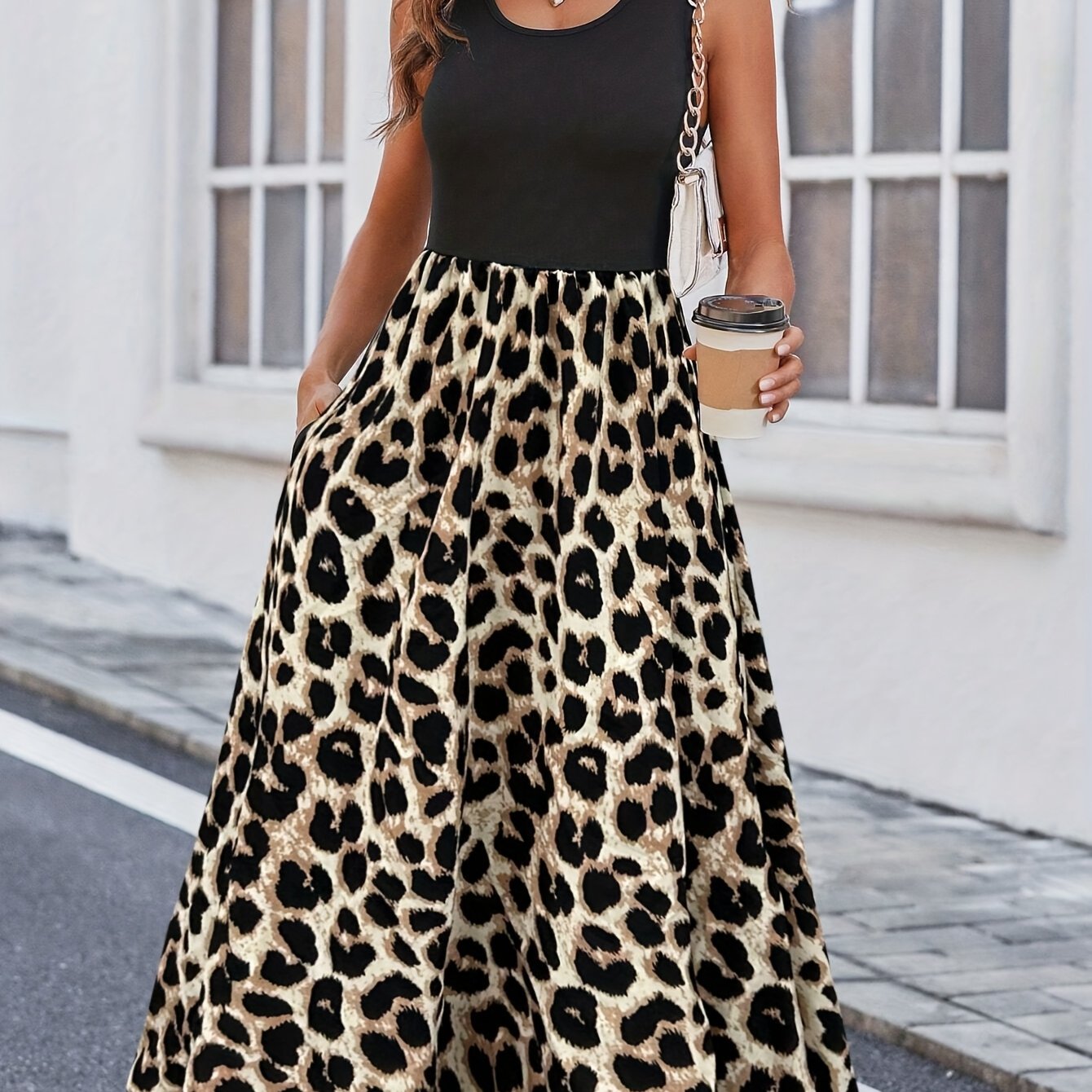 Image of Spring Summer Targeted Development Vacation Elegant New European Trendy Women's Leopard Print Round Neck Sleeveless Vest Dress