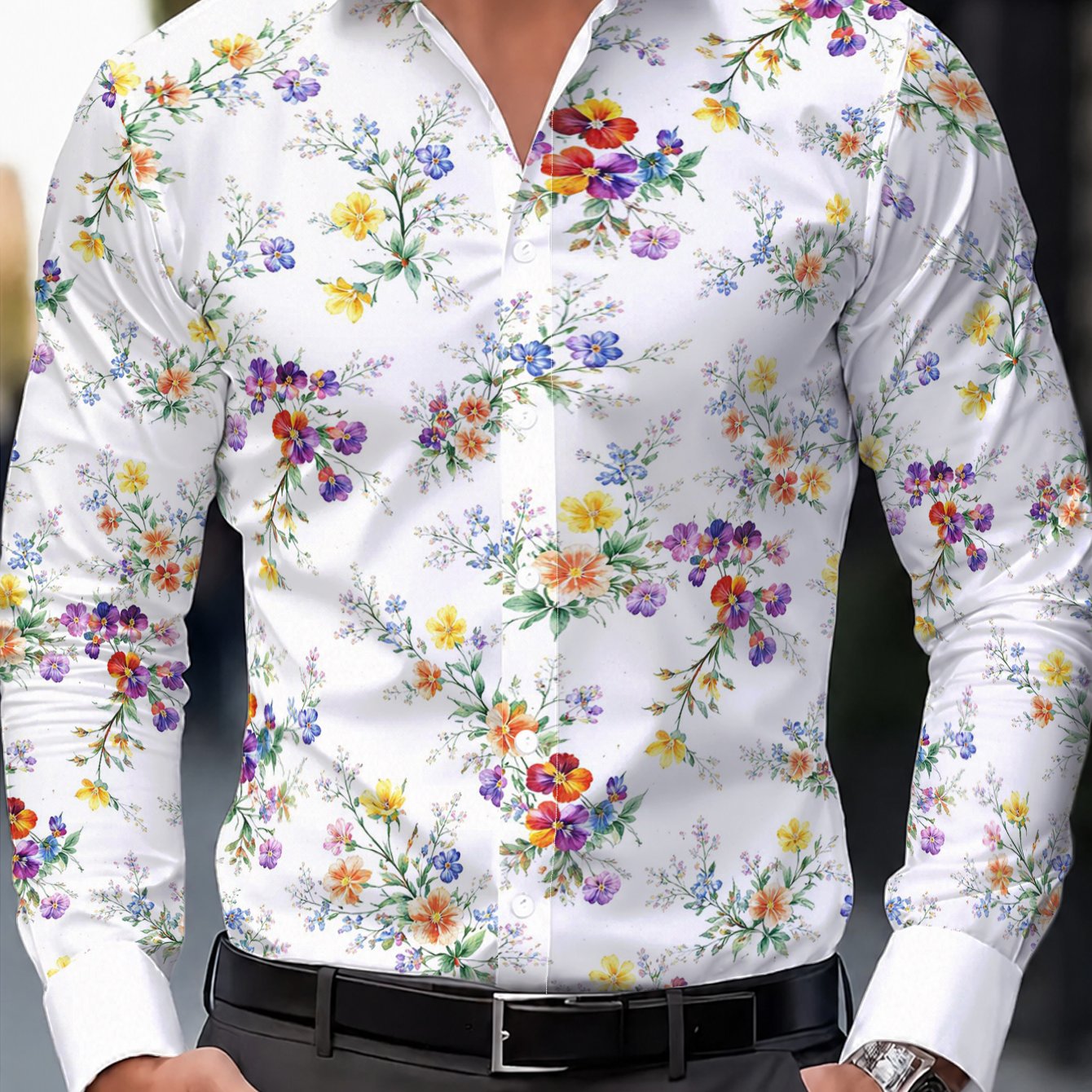 TEMU Men's Casual Long-sleeve Shirt With Vibrant Watercolor Floral Pattern, Exuding Freshness And . A Trendy New Summer Style For Daily Casual Wear