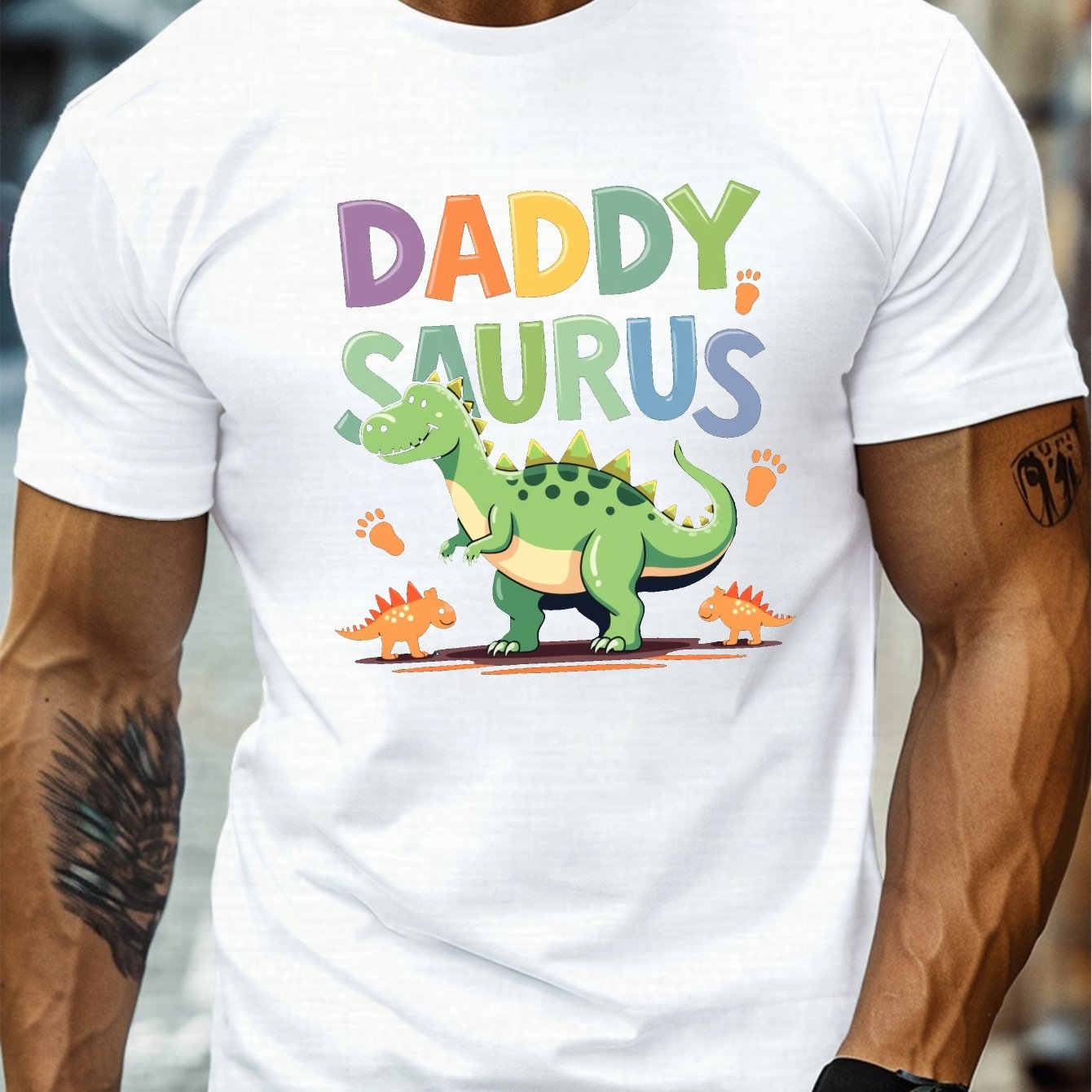 TEMU Cartoon Dinosaur With Colorful Text Print, Men's Round Crew Neck Short Sleeve Tee, Casual T-shirtcasual Comfy Lightweight Top For Summer