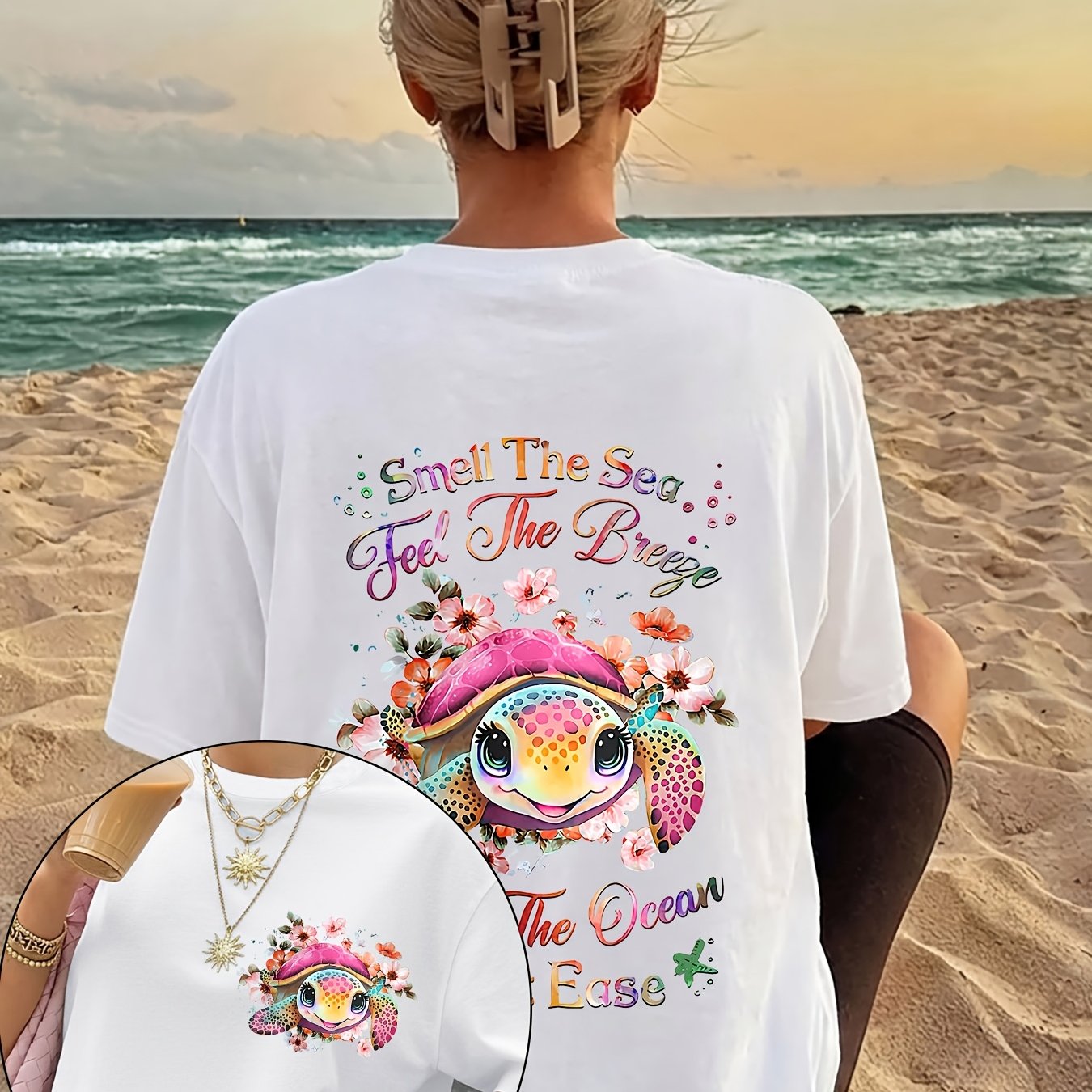 TEMU Cartoon Sea Turtle, Ocean Pattern Print Women's Summer Round Neck Casual Versatile Sports T-shirt, For Daily , /gifting