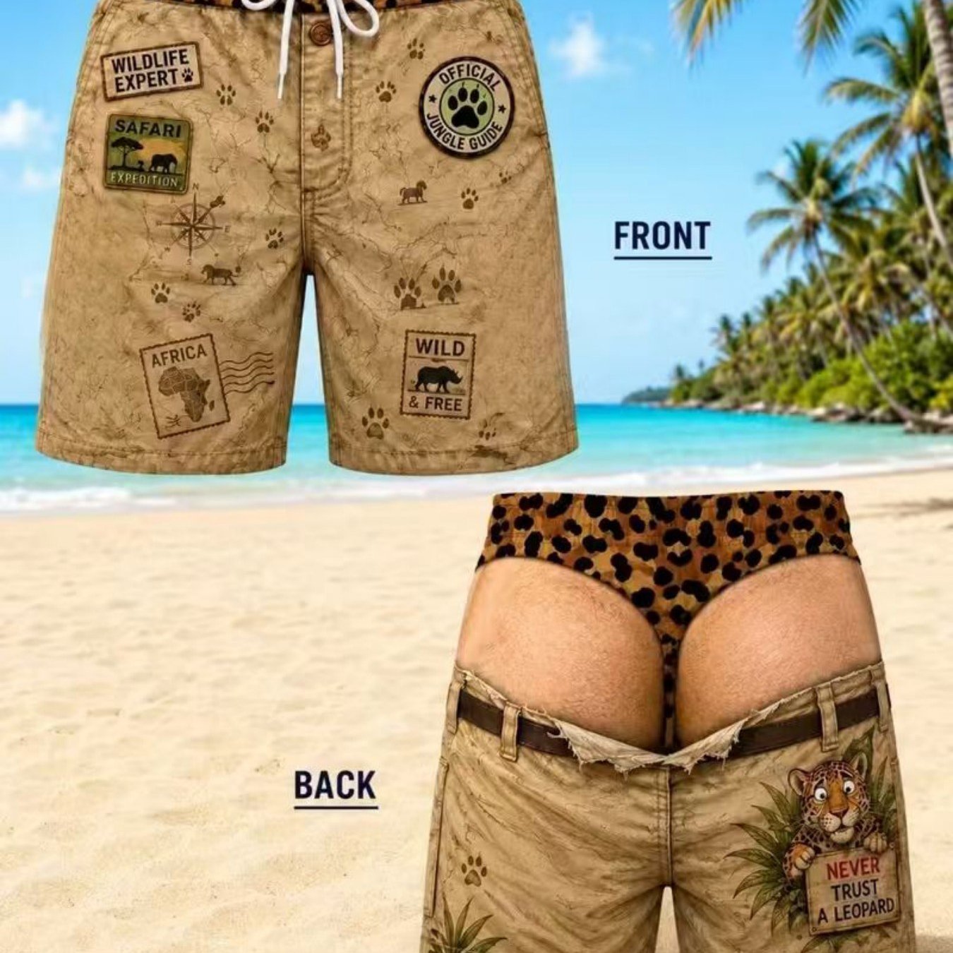 TEMU [printed Design – Not Textured] Men's Creative Fake Vintage Adventure Badge Printed 2-in-1 Look Beach Shorts For Seaside Surfing Vacation Loose